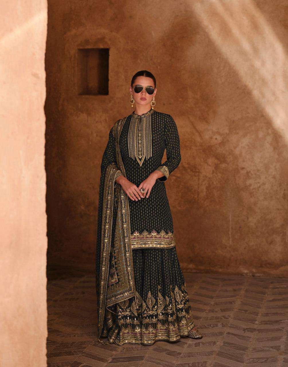 sayuri designer present new catalogue noorani 42 size stitched 5454 series fabric premium real crep silk hand mundi and seroski work top gharara with dupatta designer partywear suit 