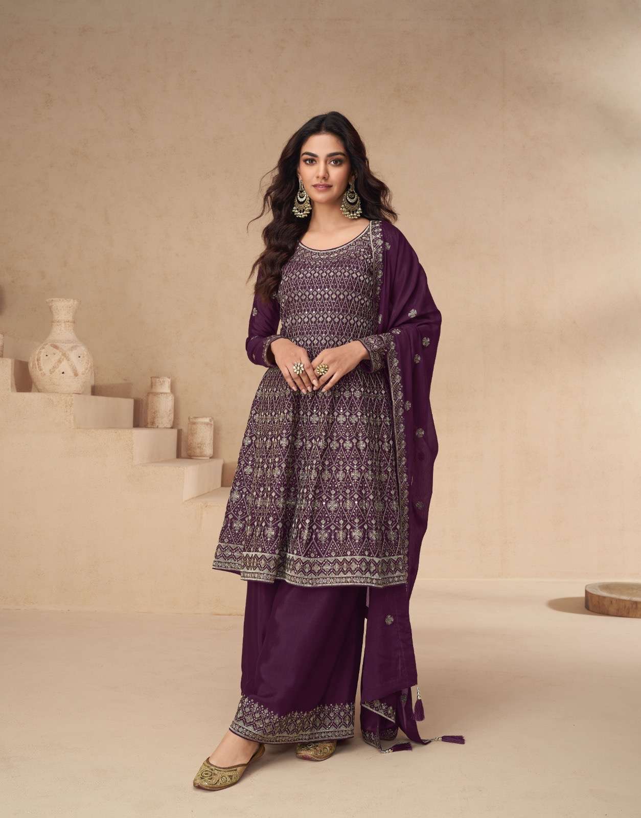 aashirwaad creation catalogue amrita series 10145 to 10149 top premium chinnon silk free size stitch plazzo premium chinnon silk free size stitch duptta premium chinnon silk