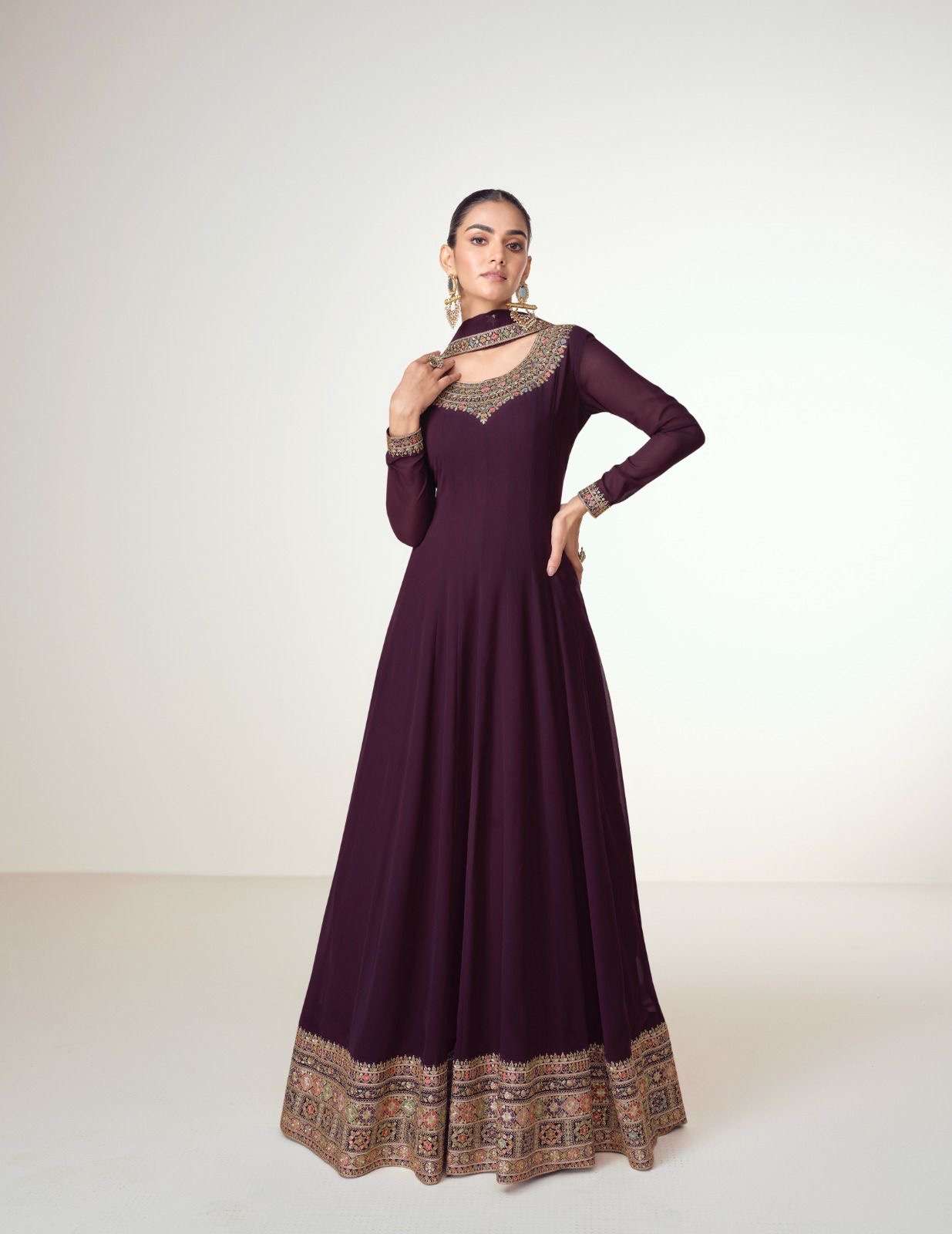 aashirwaad creation catalogue virasat series 10128 to 10131 top real georgette free size stitch duptta real georgette designer partwear plain simple sober readymade gown dress