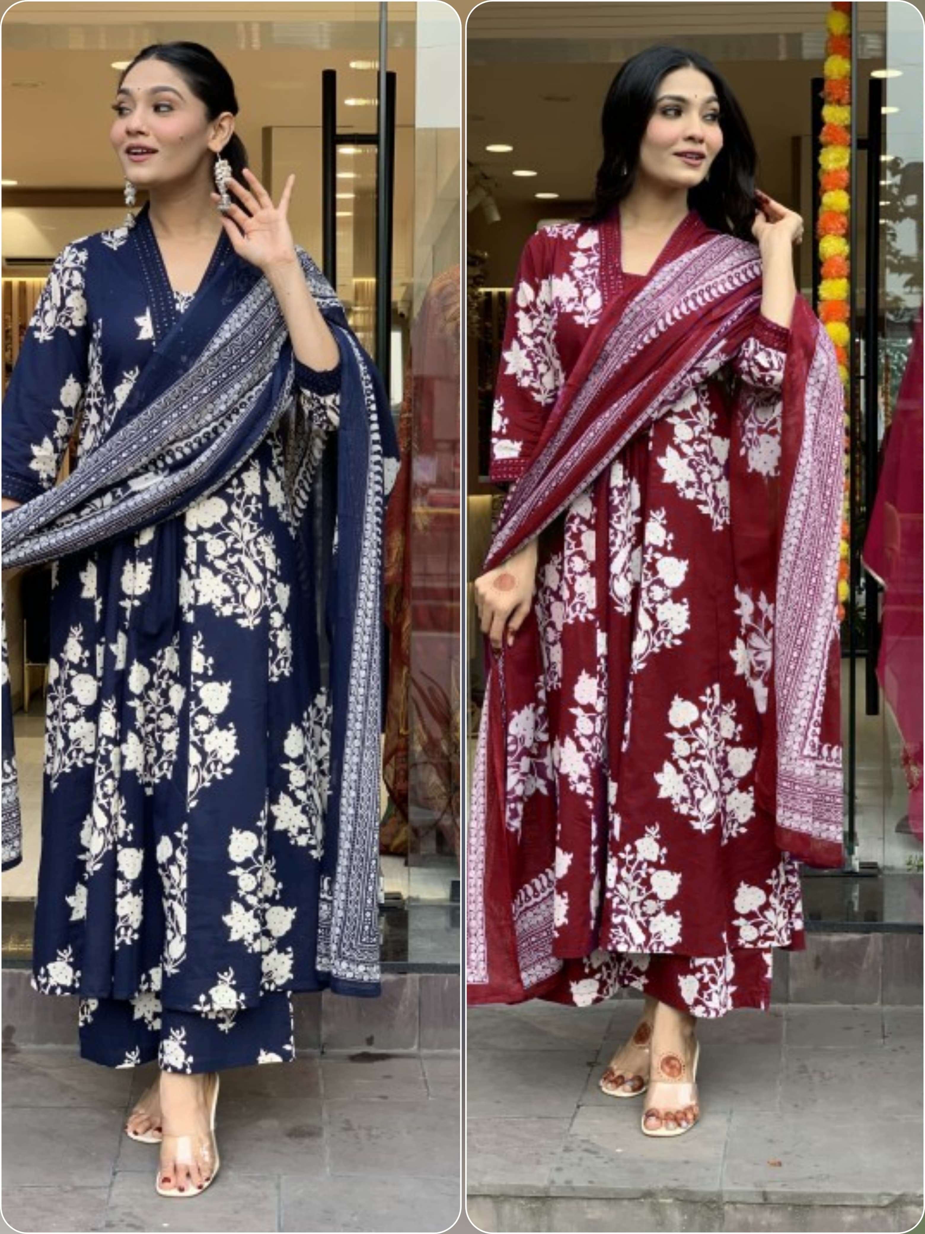 arrival exclusive cotton collection look straight out of a dreamy movie set as  you turn around and walk in this elegant flaired suit wear anarkali kurta set with new style in saganeri  print