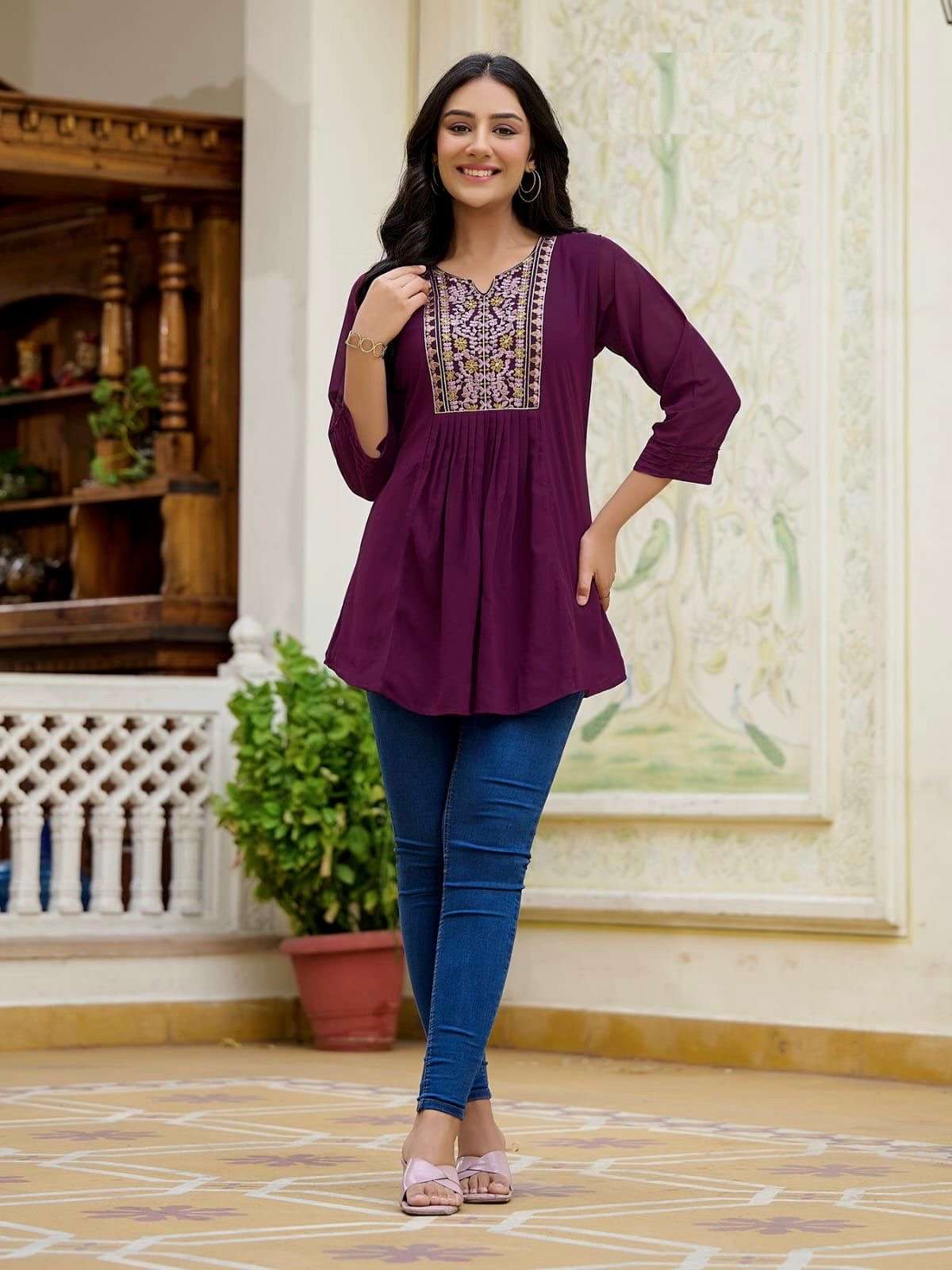 bubbly 3 embroidery work short tops for office and regular wear fabric heavy georgette with inner and embroidery work size m to xxl western tops 