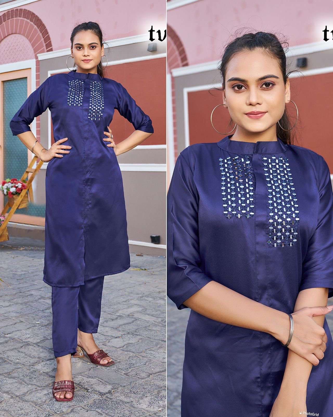coord set look me on sale kurti plus pant with heavy hand work real mirror fabric cotton satinwith real mirror hand work size l to xxl coord set 