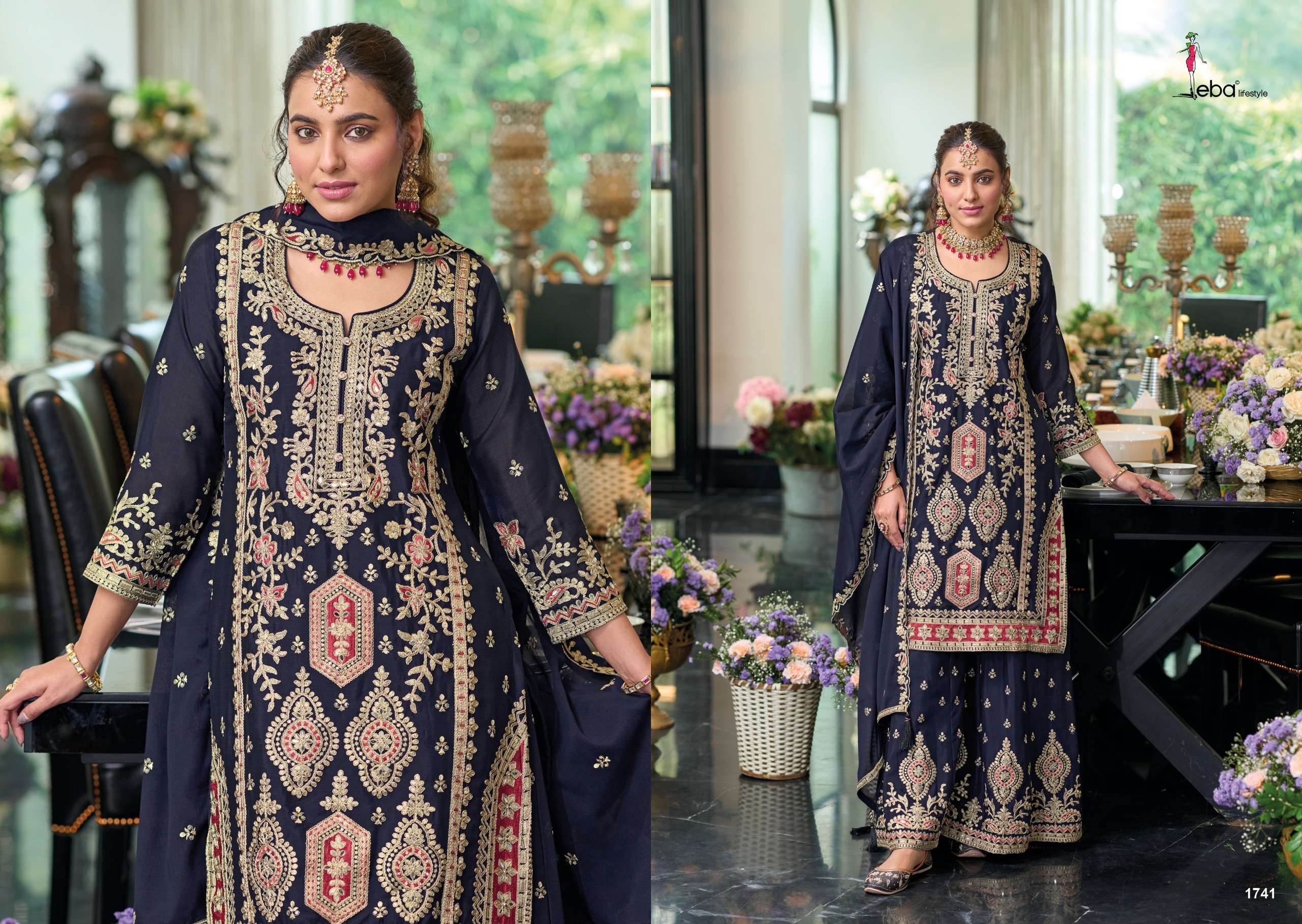 eba lifestyle catalogue mehar series 1739 to 1741 top hevey chinon with emboidery work duppta hevay chinon with embroidery work plazo hevay chinon with emboidery  front n back work size m to 3xl 