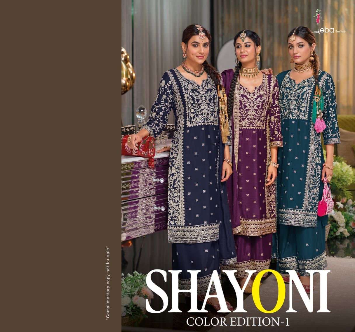 eba lifestyle catalogue sahyoni series 1708 a to 1708 c top chinon with  emboidery work duppta chinon with embroidery plazo chinon readymade suit