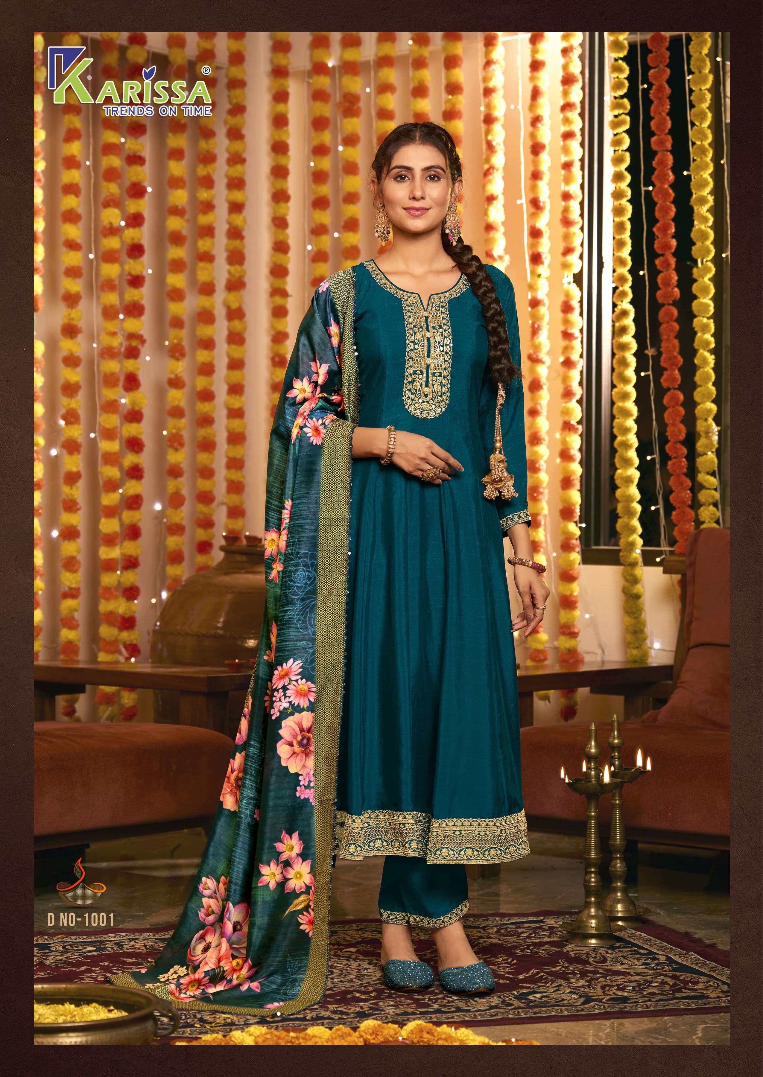 gehna this seasion karissa brand is bringing the kurties of cool prices comfortable to wear for making all the days good full kali full ghera top pant with dupatta brand karissa catalogue gehna