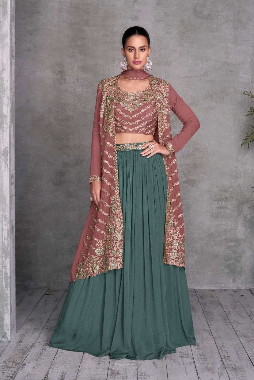 gulkarya designer catalogue khushi series 7445a to 7445c indowestern fabric details top real chinon skirt real chinon note free size stitched embroidery work only n skirt with cancan