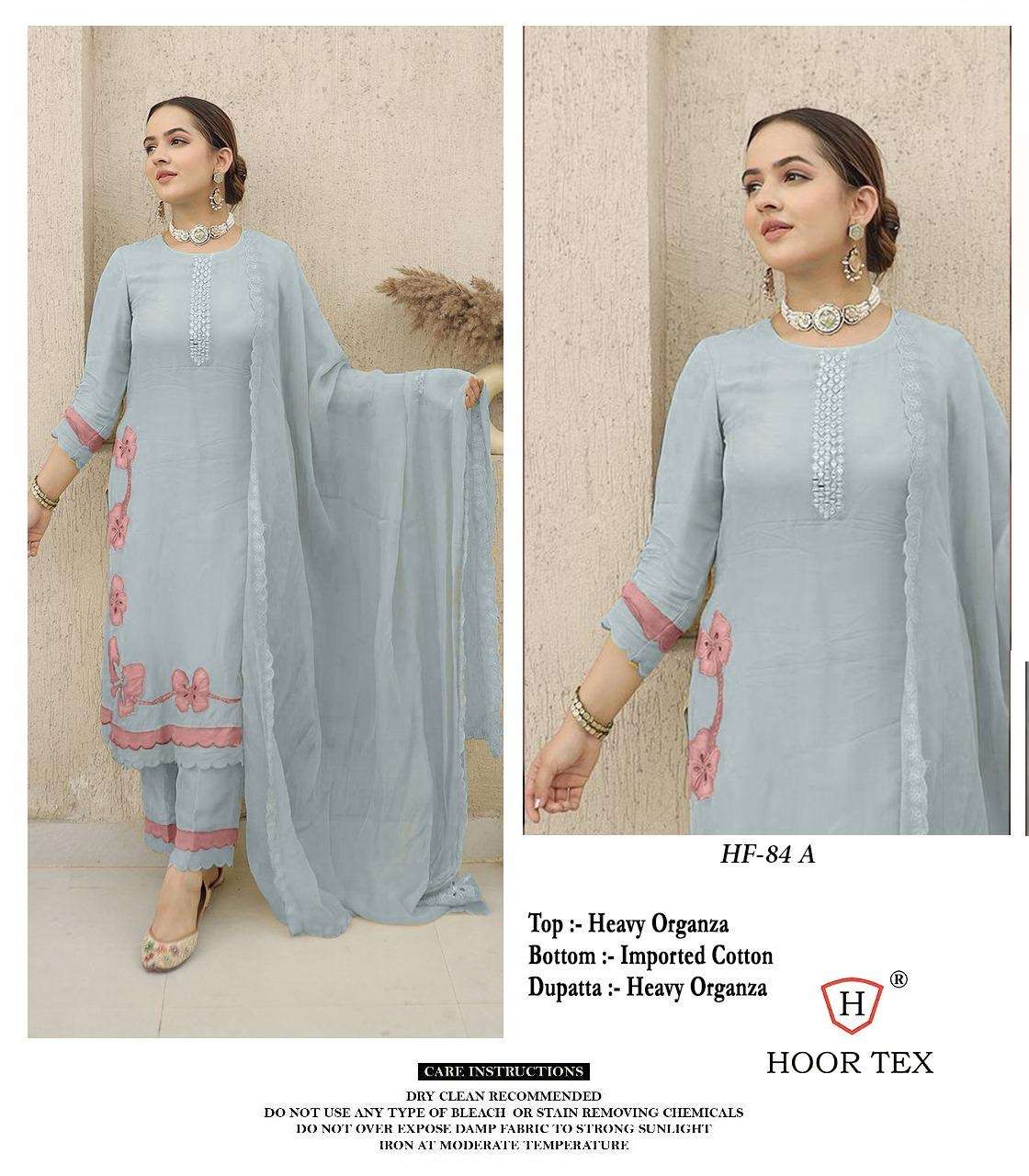 hoor tex catalogue hf 84 a to d top heavy organza bottom imported cotton dupatta heavy organza size  xl to xxl44 paksitani suit collection 