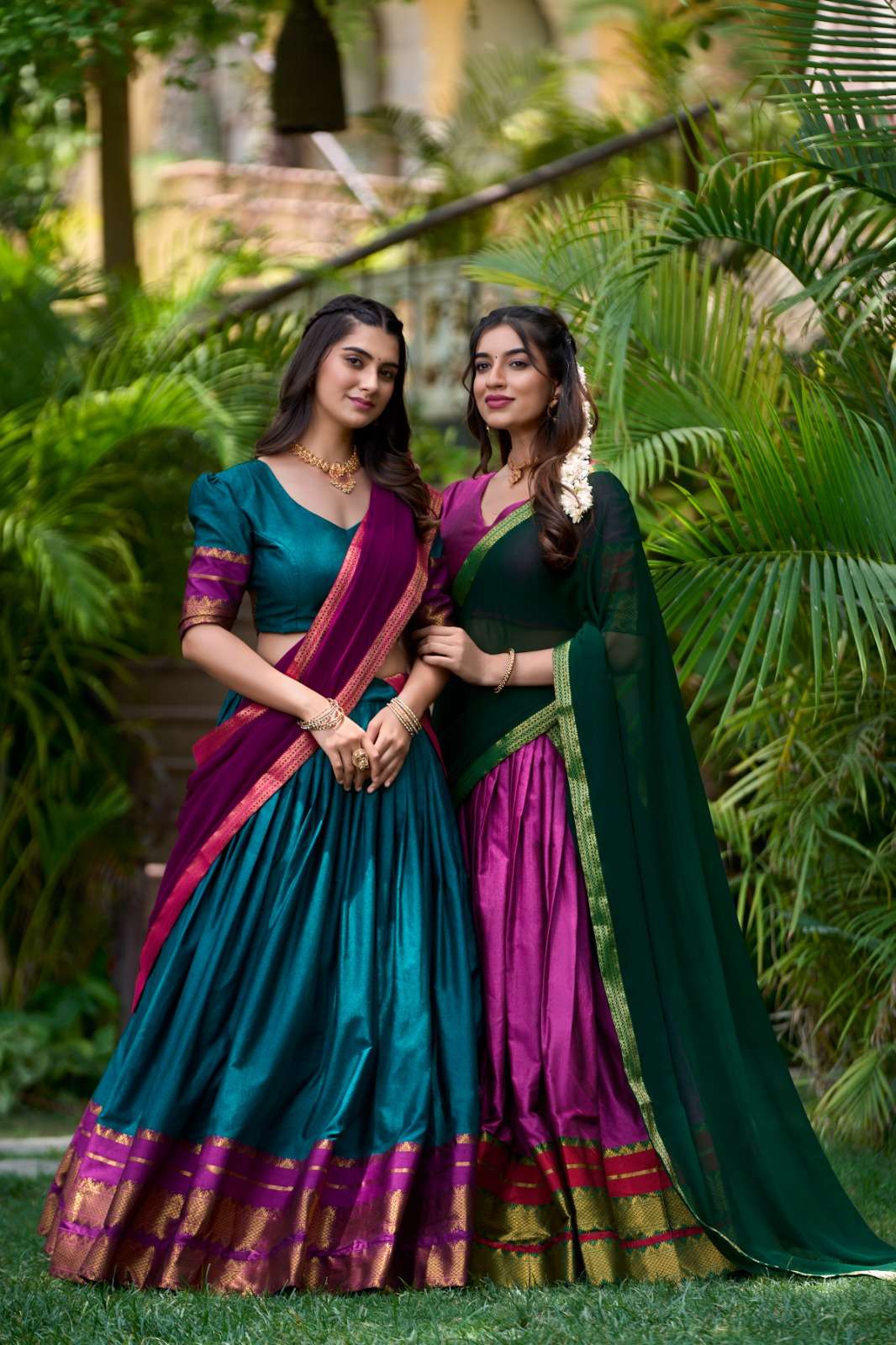 lehenga collection immerse yourself in tradition with our south style poly cotton half saree, paired with an elegant georgette dupatta catalogue dhruvika lnb2004 lehenga work zari weaving work