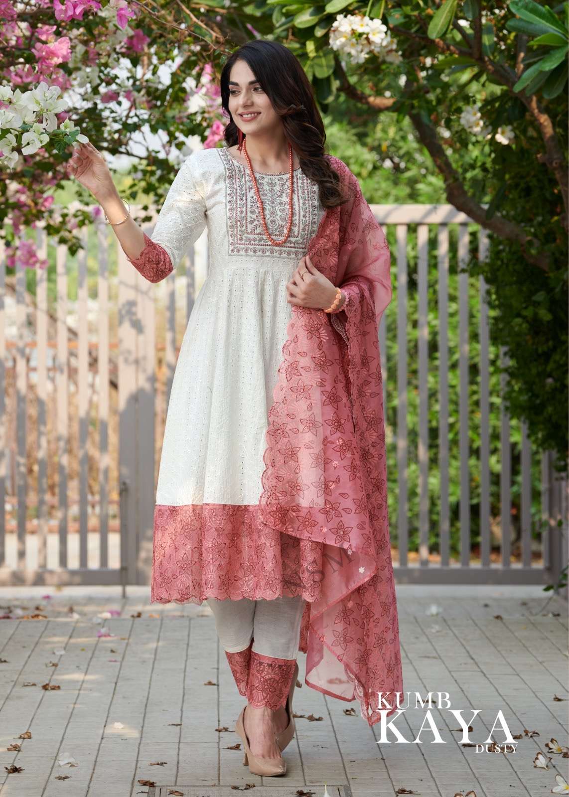 matching style and class with luxury catalogue name kumb kaya heavy shiffli  stich suit heavy embroidery neck work with pure cotton shiffli work anarkali style with  panal organza shiffli with digital print