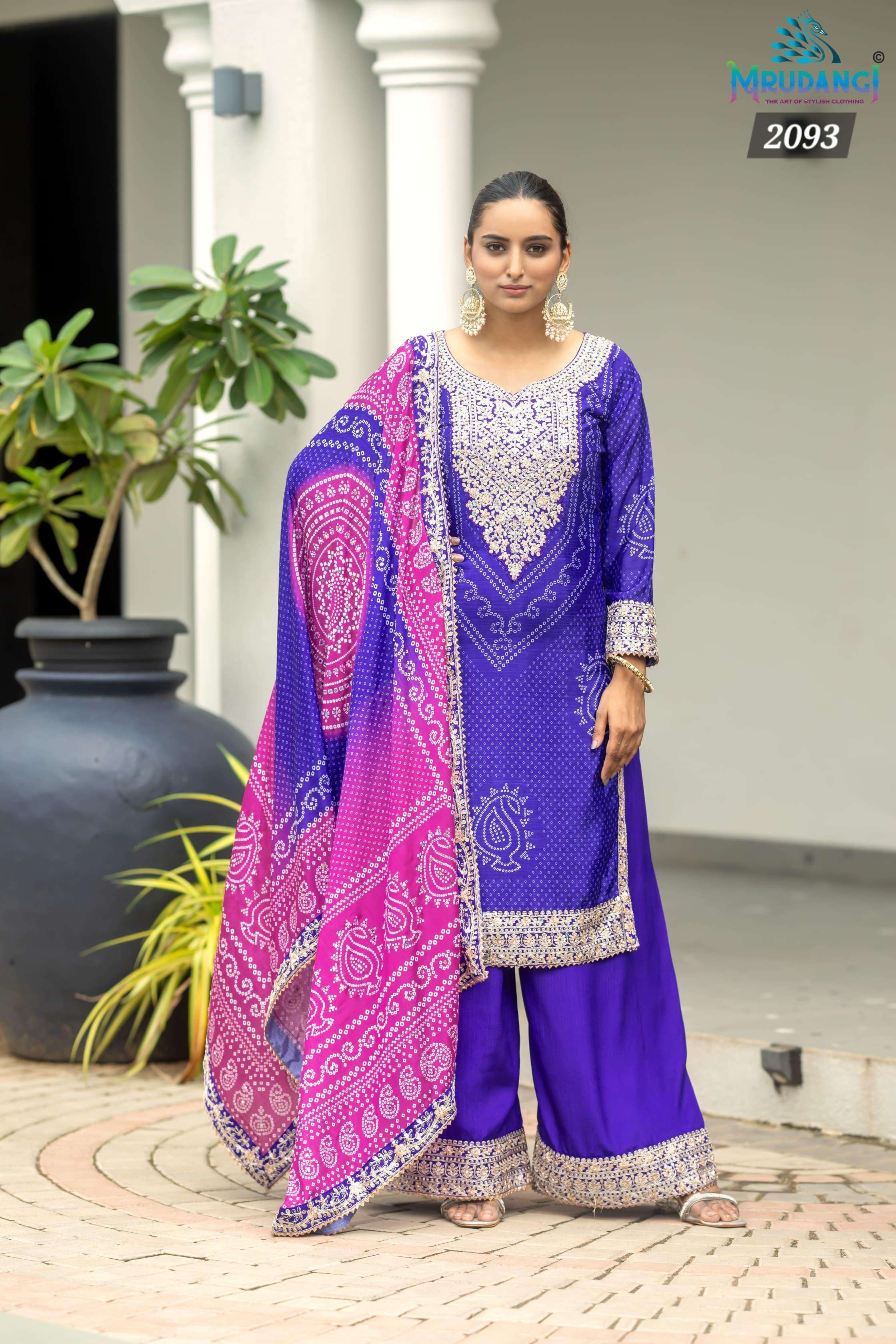 mrudangi catalogue rakhi 2093 series top real chinon digital print dupatta real chinon digital print plazoo real chinon note embroidery with mirror work readymade suit 