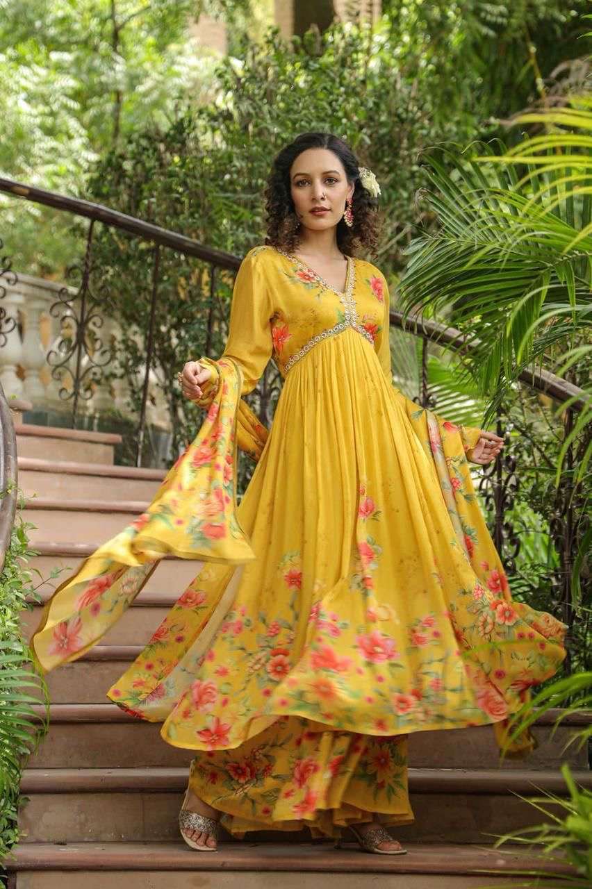 new year new launching catalogue name yellow rose clothe details top chinnon aliyacut design with hand work kurtie sharara chinnon printed with half inner readymade dresses 