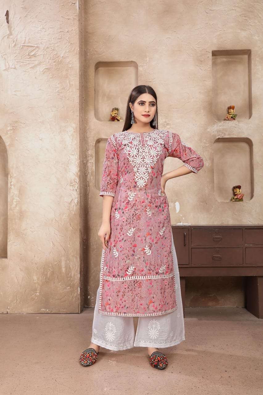 rasili nx presenting the new concept of chikankari kurti plazoo catalogue name rasika fabric for kurti heavy cotton with a unique digital print combined with intricate chikankari embroidery work