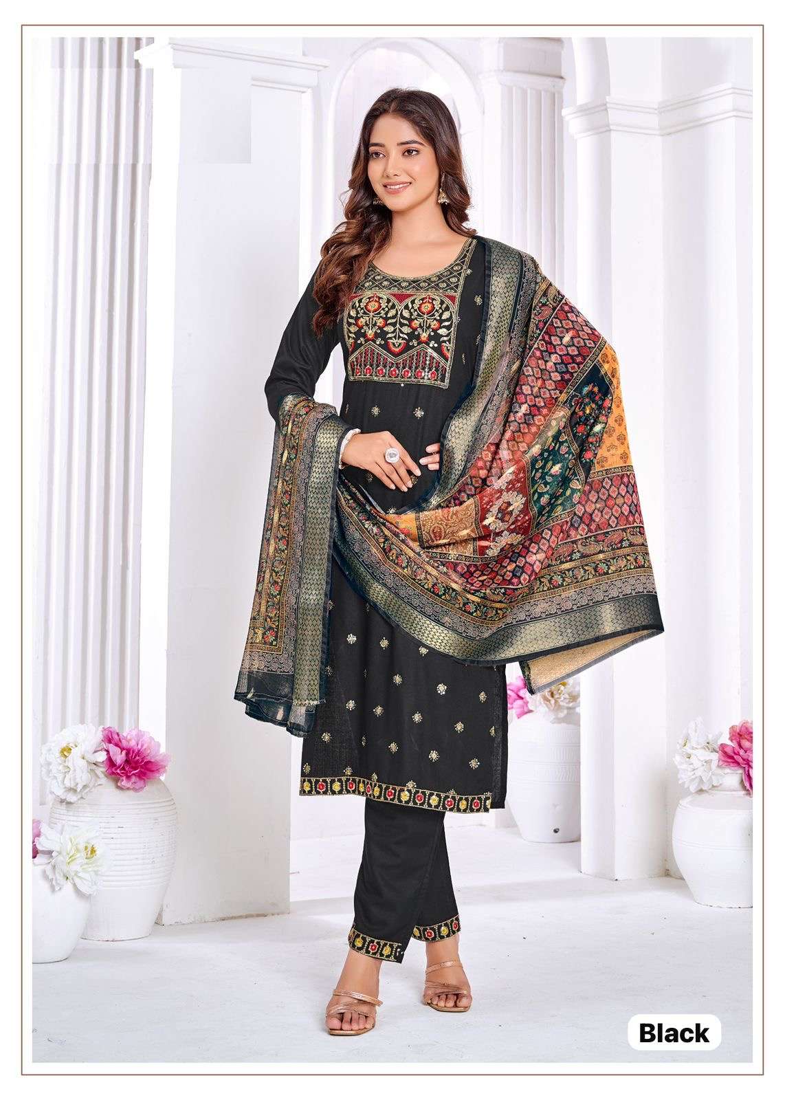 readymade suit amaya fabric details top 14kg rayon with heavy embroidery work pant 14kg rayon with border embroidery work dupatta pure viscous printed with  jacquard border size l to xxl