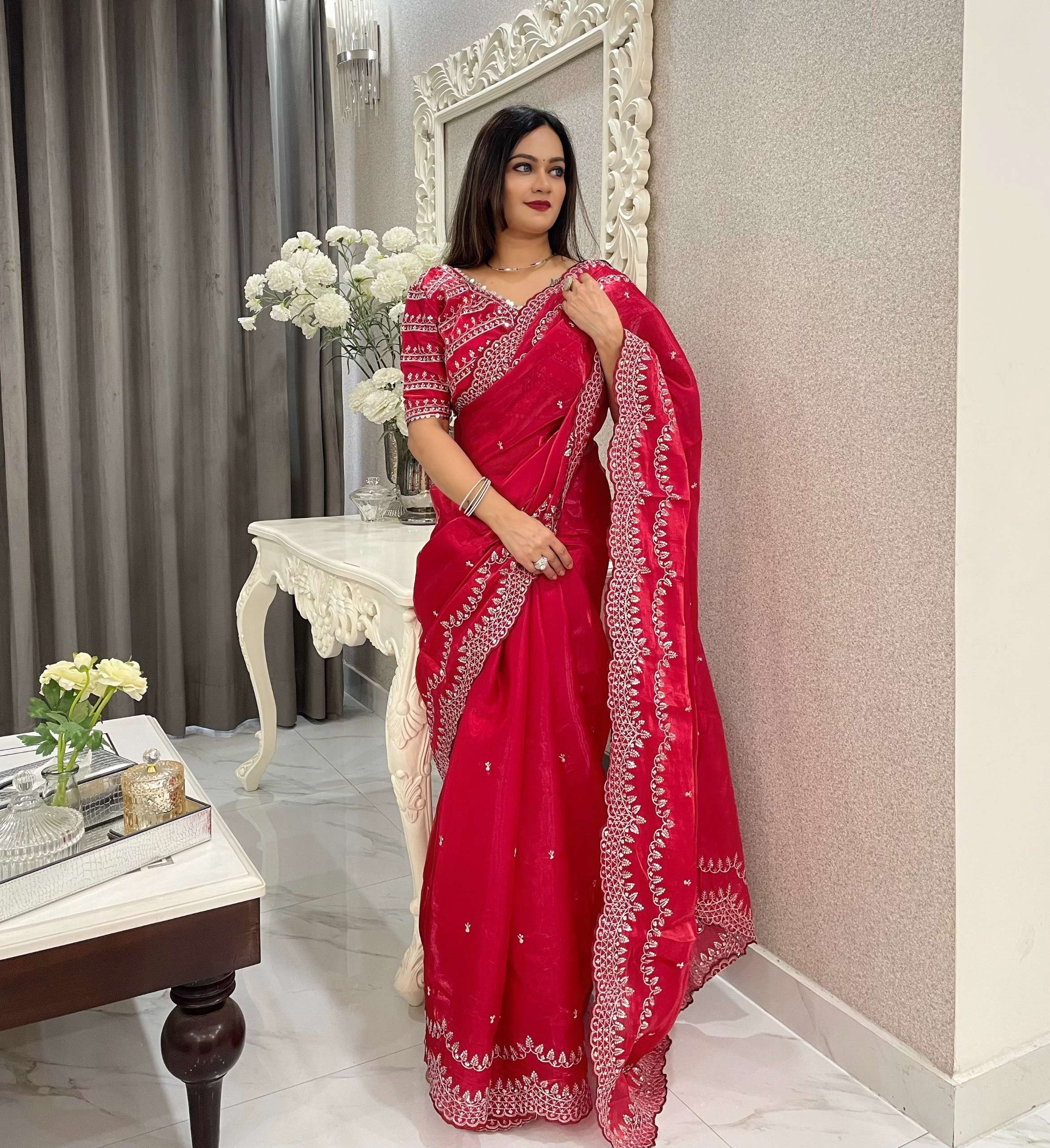 saree kc 825 fabric pure zimmy choo satin saree with beautiful 3mm sequence zari c pallu work and aarco border paired with zimmy chhoo satin fabric with embroidery work saree