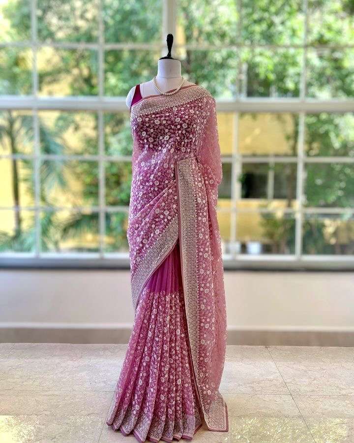 saree shimmer silk fabric chikankari work with pastel colour n thread with seqnce work in all over sarees beautiful tone to tone saree 