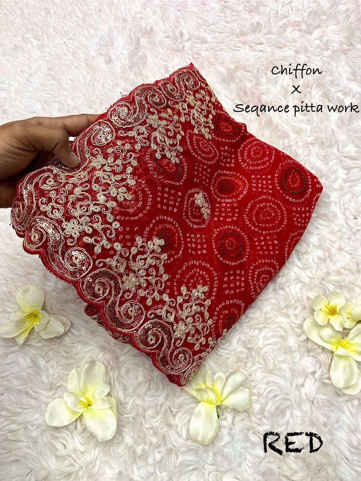 saree soft lightweight chiffon n pitta work 2 fabric soft chiffon work c pallu pitta work with fully 3mm seqance work n cutwork border designe blouse heavy mono with pitta seqance work unstitched colour 4 