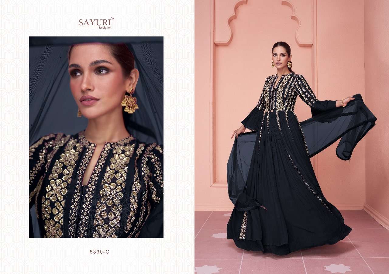 sayuri designer present new catalogue kiaraa gold free size stitched with cancan fabric real gerogette front and back embroidered designer partywear readymad gown