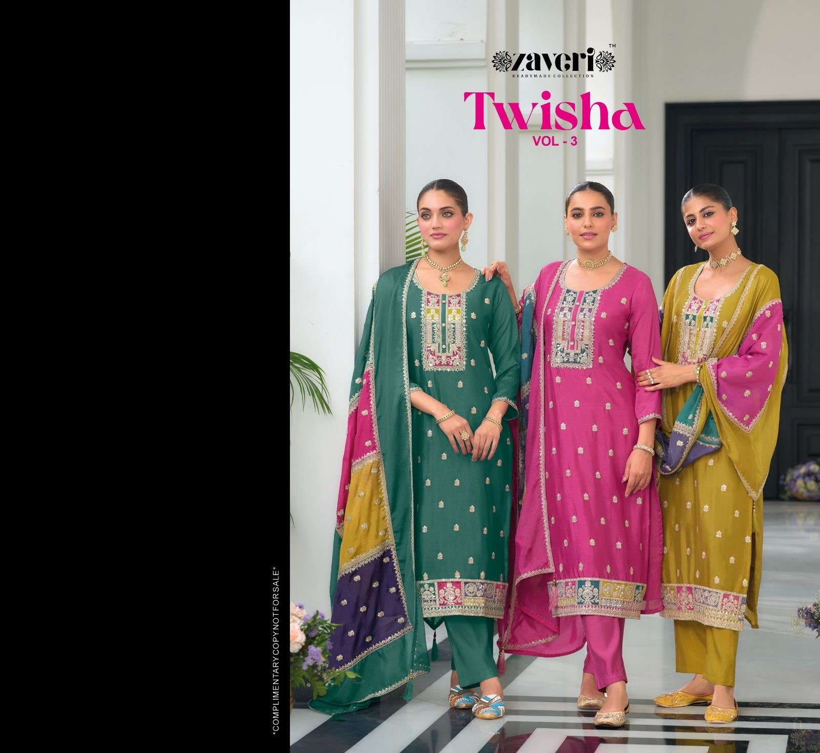 zaveri catalogue twisha vol 3 series 1379 to 1382 top hevey chinon with  emboidery work duppta hevey chinon with embroidery pant hevy silk