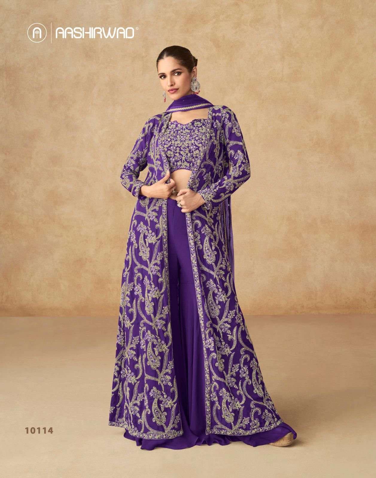 aahirwaad creation catalogue purple series 10114 to 10116 top real georgette free size stitch plazzo real georgette free size stitch duptta butterfly net