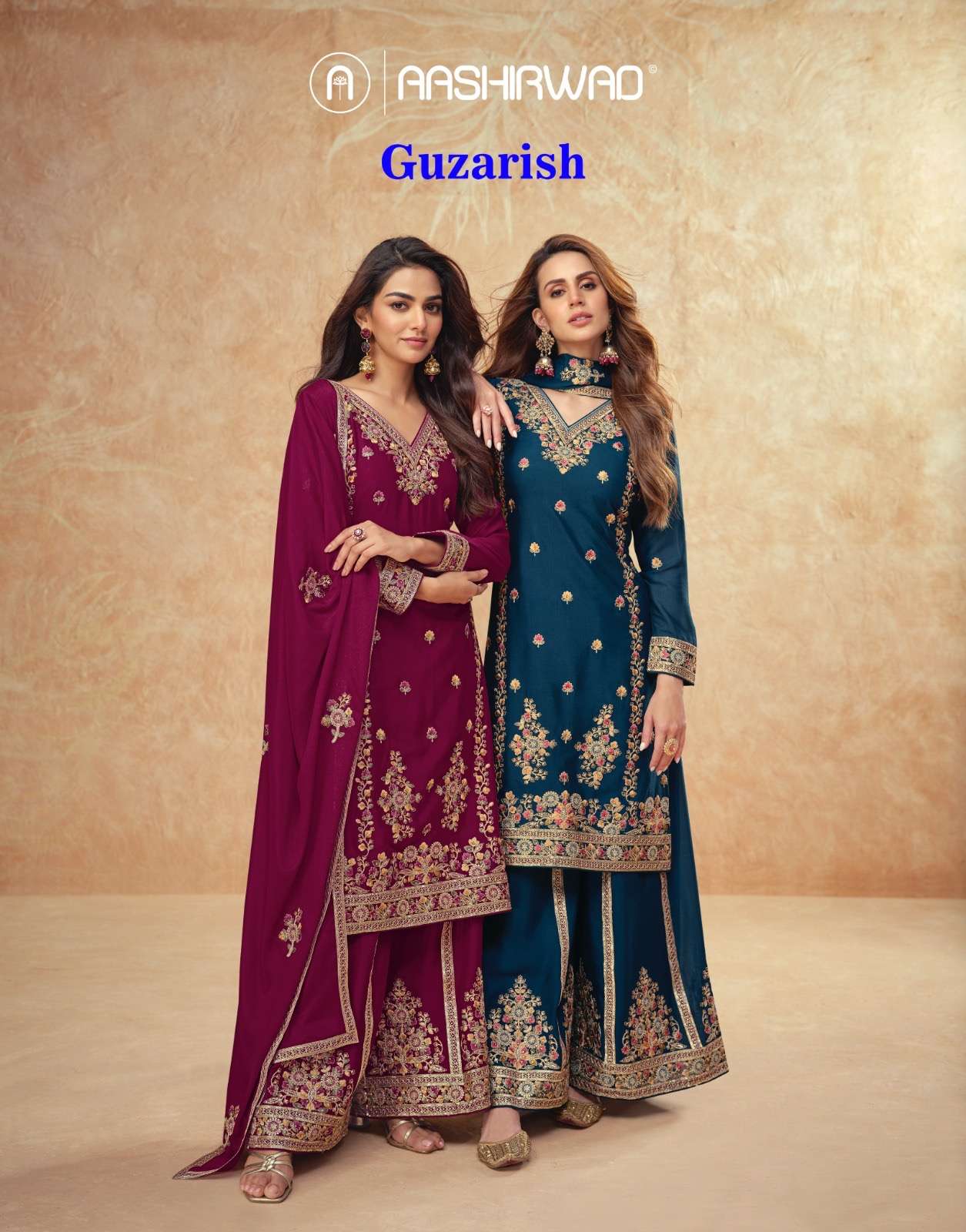 aashirwaad creation catalogue guzarish catalogue series 10162 to 10164 top premium chinnon silk free size stitch plazzo premium chinnon silk readymade suit 