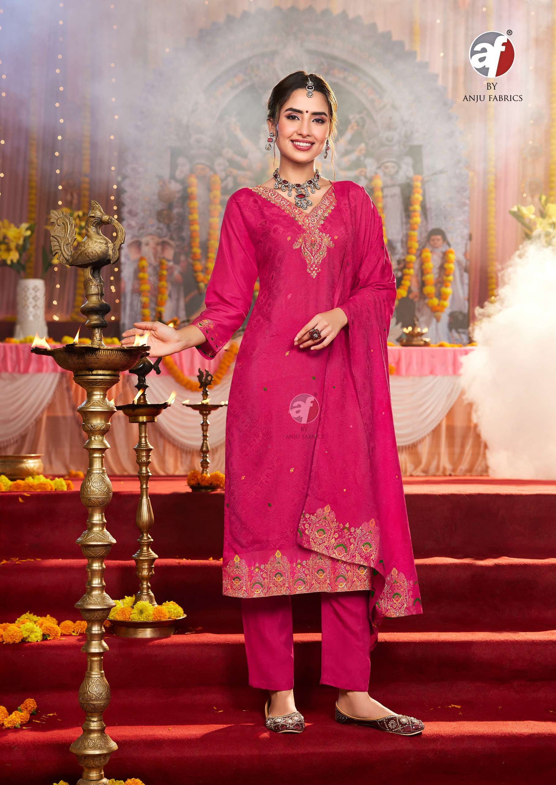 anju fabric catalogue palki vol 4 series 4041 to 4046 kurtie pant with duppta top fabric muslin jacquard with meena bottom fabric heavy santoon dupatta muslin jacquard with meena  work type pure hand work 