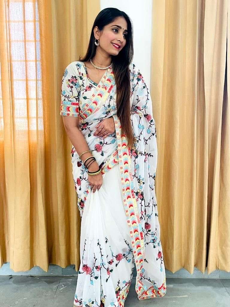 beautiful multi colour saree for partywear looks kp w 95 fabric heavy fox georgette with multi embroidery thread n 3mm sequence work all over saree blouse  mulberry silk with multi embroidery thread 