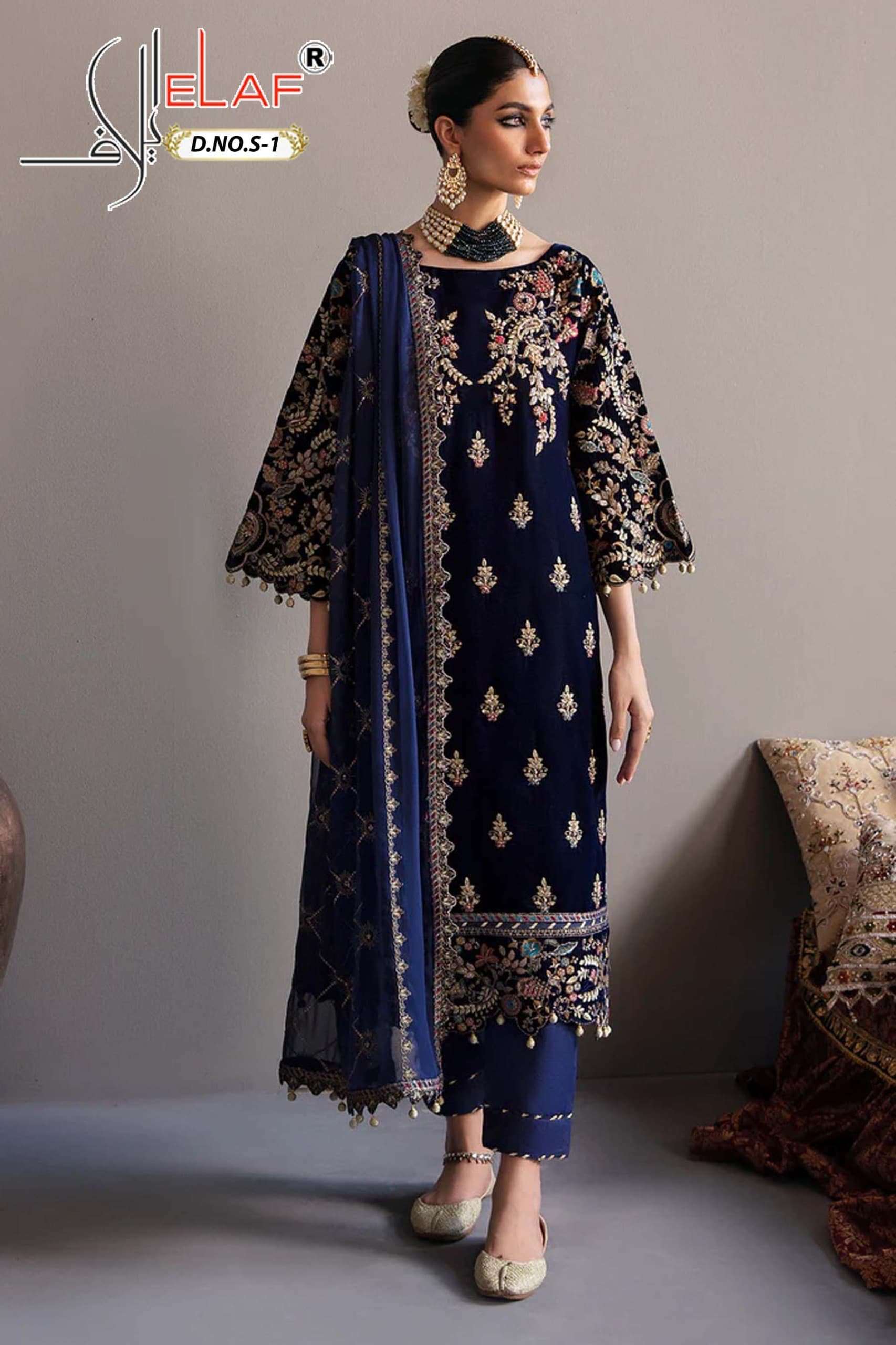brand name elaf design number s 1 semi stitched details top heavy velvet 9000 with sequence embroidered with cut work bottom heavy rayon dupatta heavy chiffon embroidered with cut work border