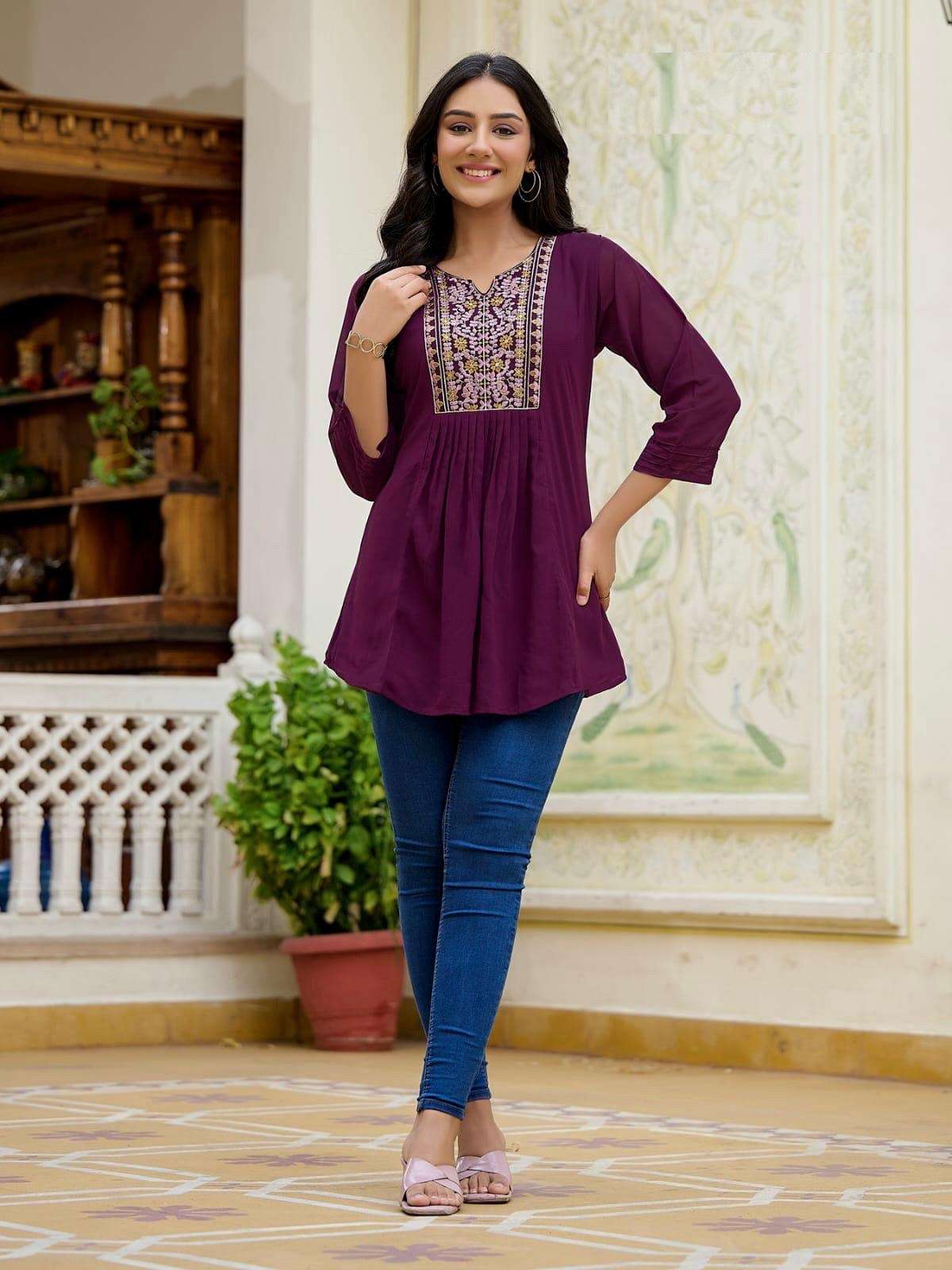 bubbly 3 embroidery work short tops for office and regular wear fabric heavy georgette with inner and embroidery work size m to xxl stylish western tops