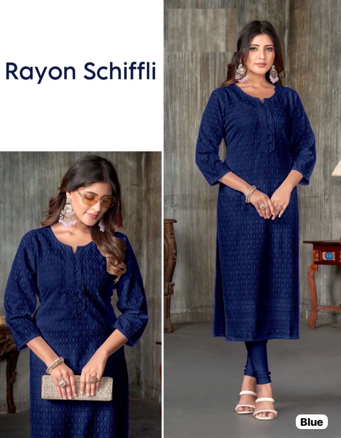 catalogue name heena series schiffli work straight kurtie in 8 colours fabric heavy rayon schiffli work both side size m to xxl length 41 readymade kurtie with pant 