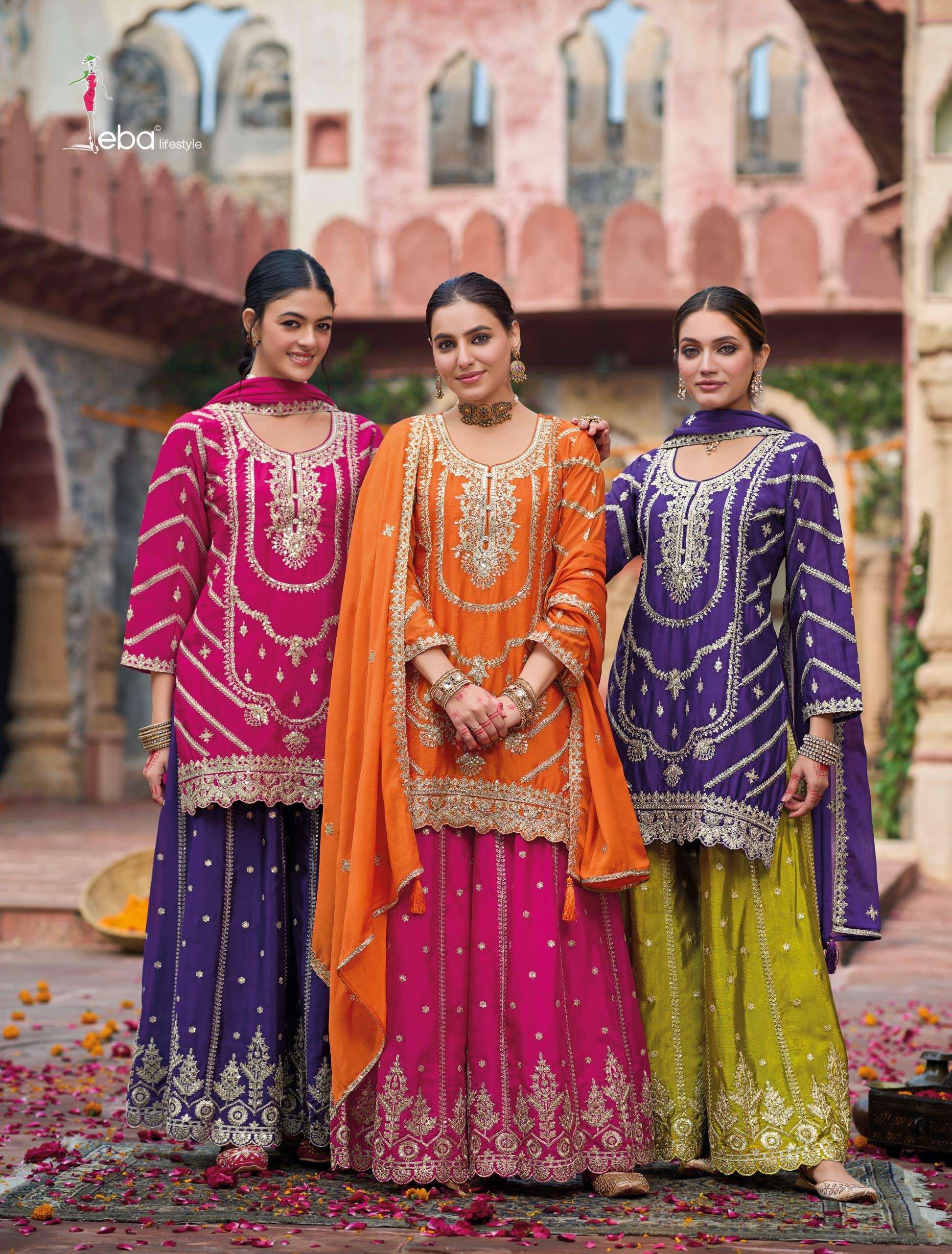eba lifestyle catalogue kanak series 1797 to 1799 top heavy chinon with embroidery work duppta heavy chinon with embroidery work plazo heavy chinon with embroidery front n back work