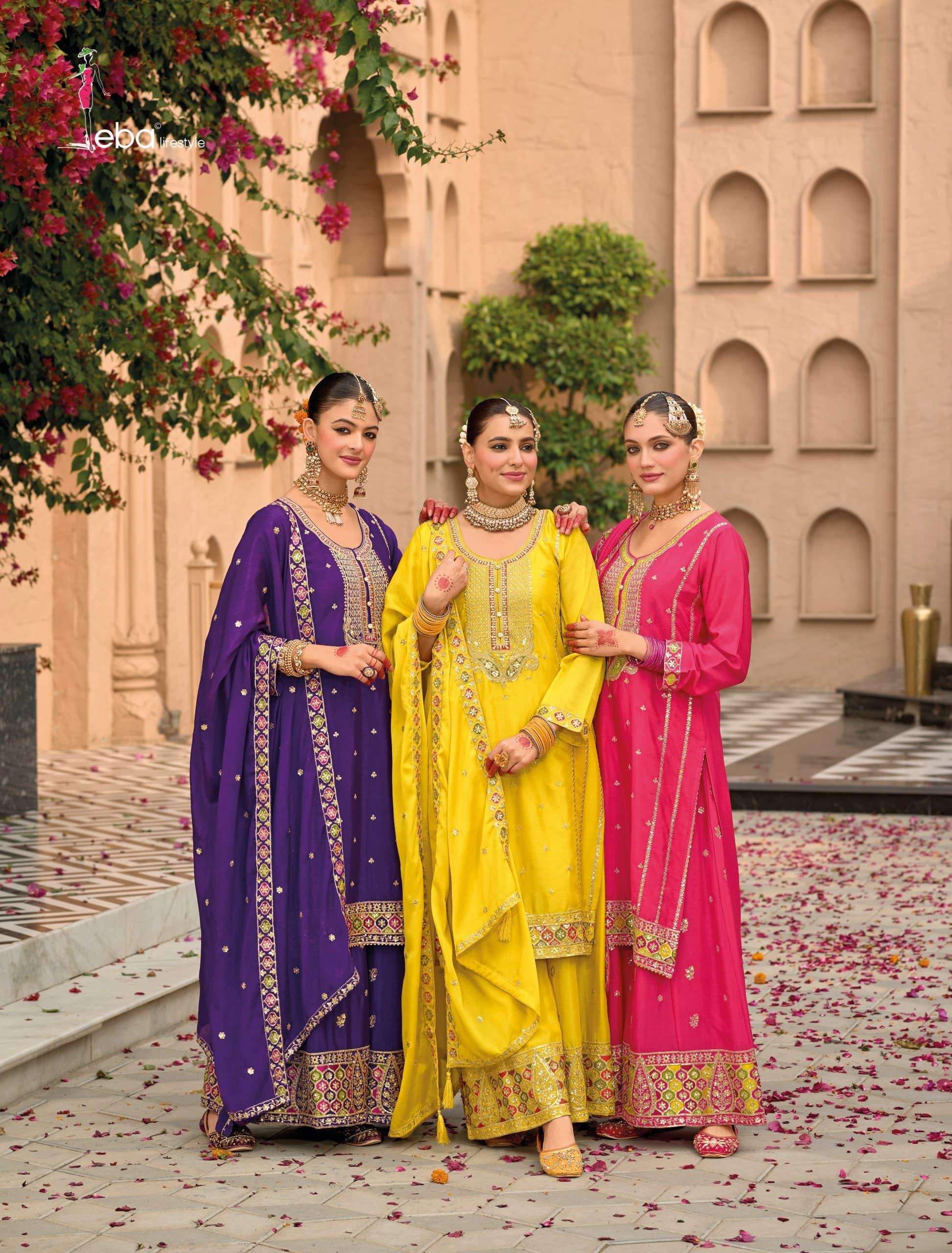 eba lifestyle catalogue nimrat series 1778 to 1780 top heavy chinon with emboidery work duppta heavy chinon with emboidery work plazo heavy chinon with embroidery front n back work