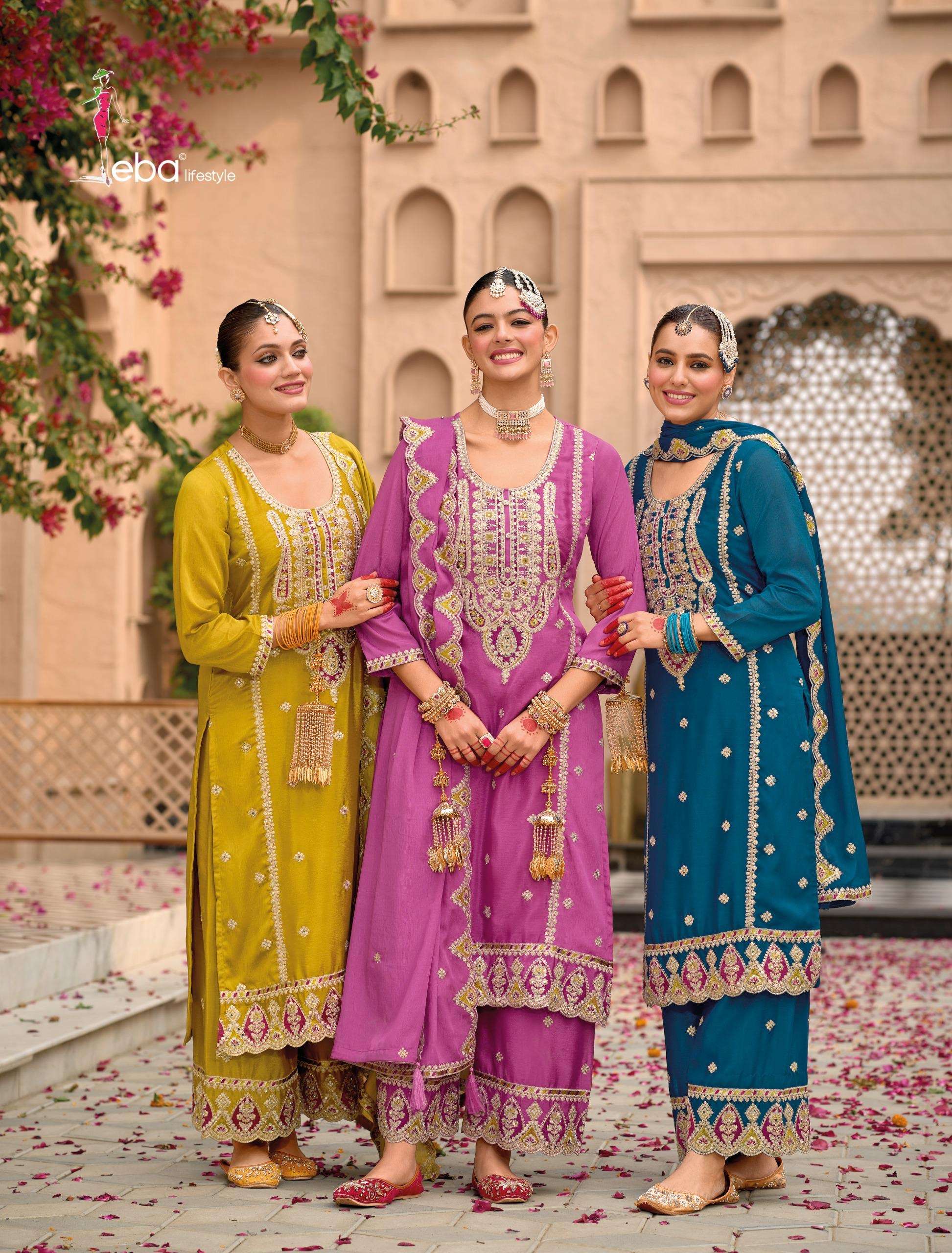 eba lifestyle catalogue sahaj series 1772 to 1774 top heavy chinon with emboidery work duppta heavy chinon with  emboidery work plazo  heavy chinon with embroidery front n back work 
