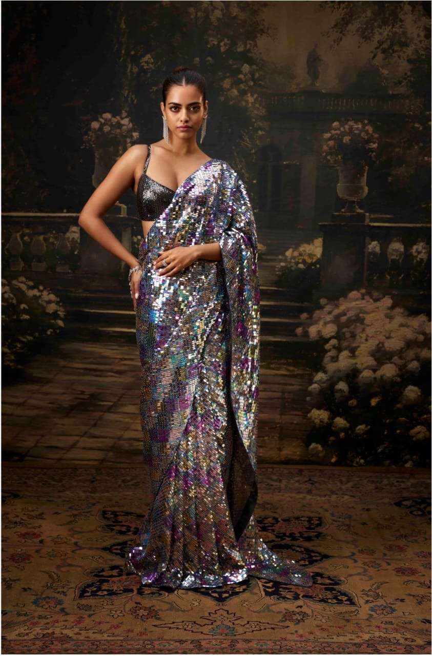 evara premium designer heavy multi colour sequins embroidered saree premium multi color export quality fine yard fabric with heavy full sequins work saree