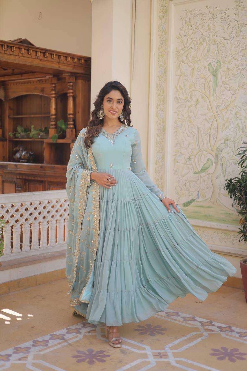 gown with dupatta code lw 9162 gown fabrics n work unique coloured faux georgette with embroidered work size s to xxl length 56 inch flair 12 mtr lining cotton  full sleeves designer v neck
