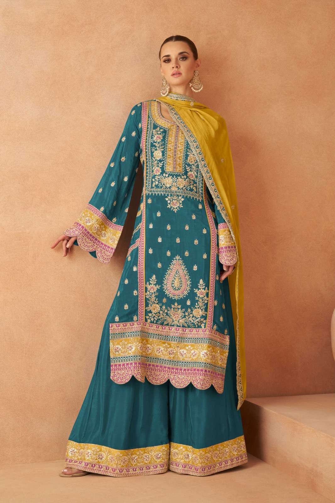 gulkary designer catalogue pari series 7473 c to 7473 e fabric detail top real chinon dupatta real chinon plazoo real chinon note free size stitched