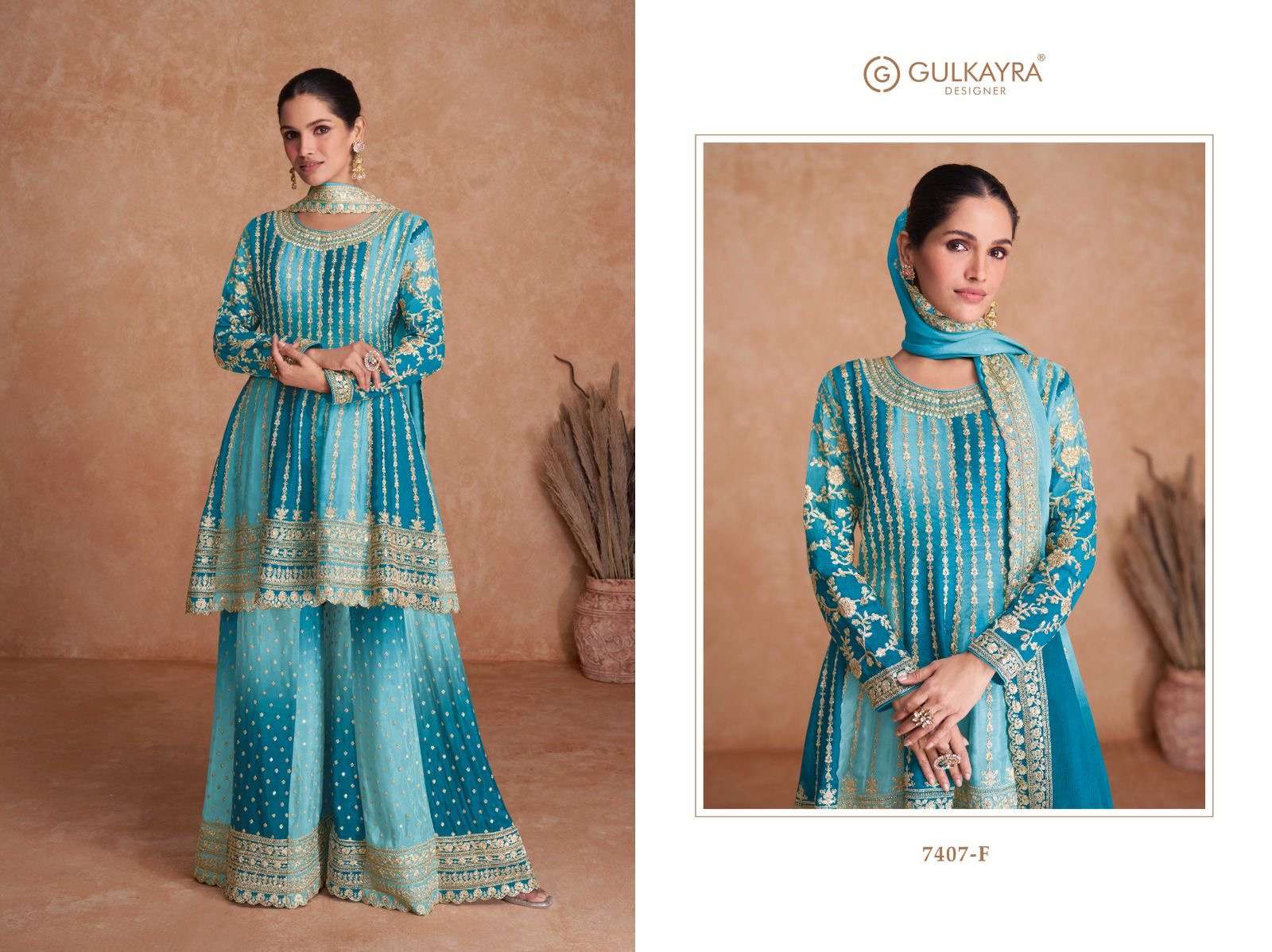 gulkarya designer catalogue vaani vol 2 new colours designer partywear sharara suits top real chinon with front n  back embroidered work bottom real chinon dupatta real chinon