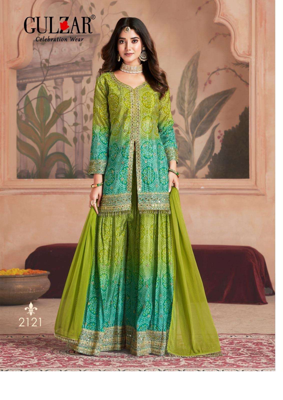 gulzhar catalogue rangeela series 2121 to 2124 4 colour per set freesize 42 readymade fabric top premium feel chinnon with fine detailing bandhani digital print pure viscose chiffon dupatta