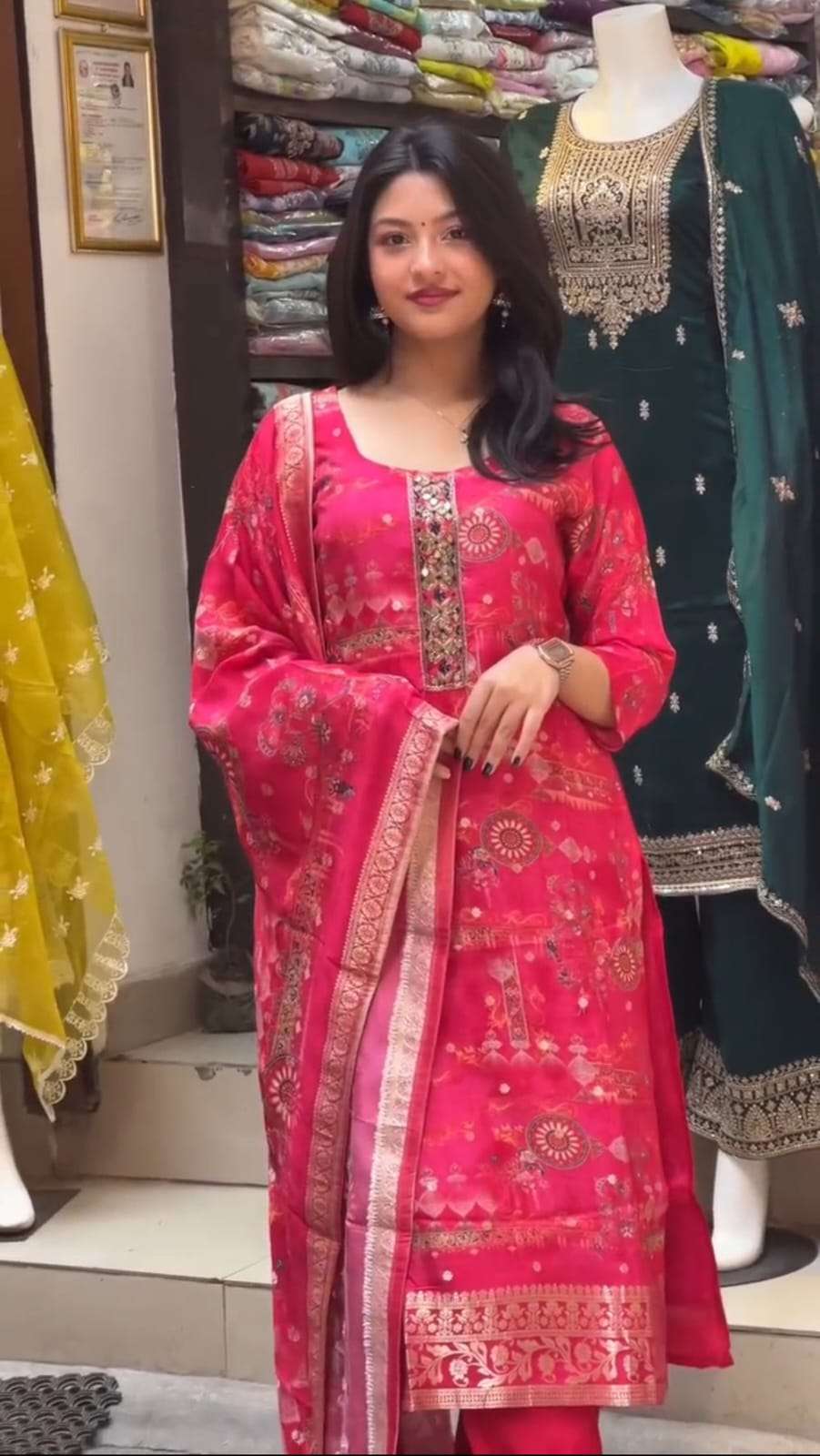 hevay 3 piece suit set catlaogue kalyani flaunt the amazing red color of this suit in your upcoming festivities the divine and luxurious fabric with weaving zari gives it elegant look