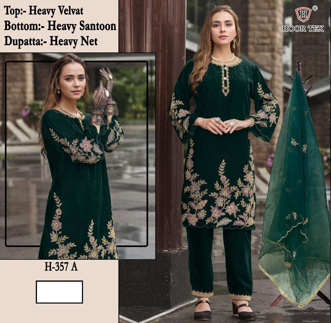 hoor tex design number h357 a to d top heavy velvet bottom santoon dupatta heavy net readymadee cord set catalogue readymade pakistani dresses