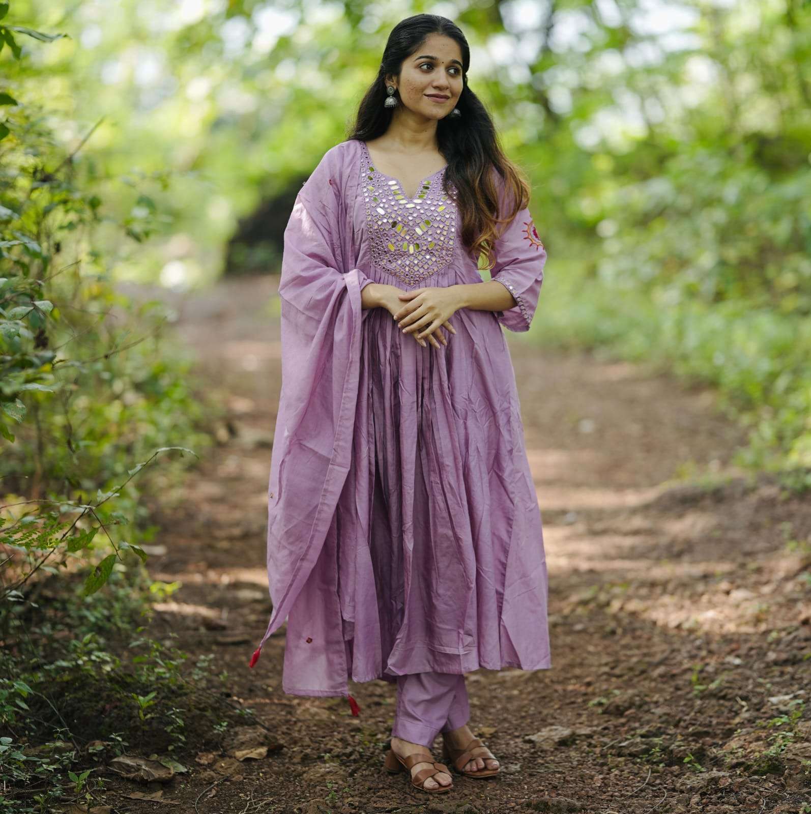 kanch kali 3 colour original mirror handwork on neck introducing our stunning kurti pant dupatta set featuring an elegant alia cut kurti with real mirror work on the yoke for a touch of sparkle