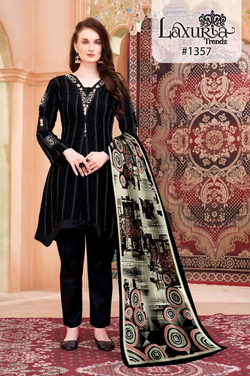 laxuria trendz design number 1357 designer stylish tunic classic feather fabric  with  heavy handwork hi low style kurtie paired with glamours coord set