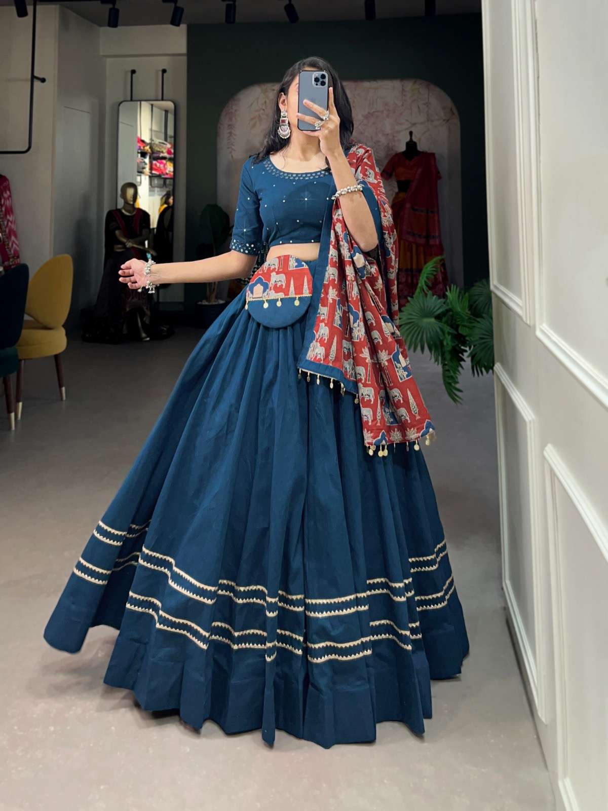 lehenga choli wrap yourself in the elegance of pure cotton with delicate gota patti touch ups perfect for any festive occasion catalogue chaithra lnb1697 pure cotton plain with gota patti touch up