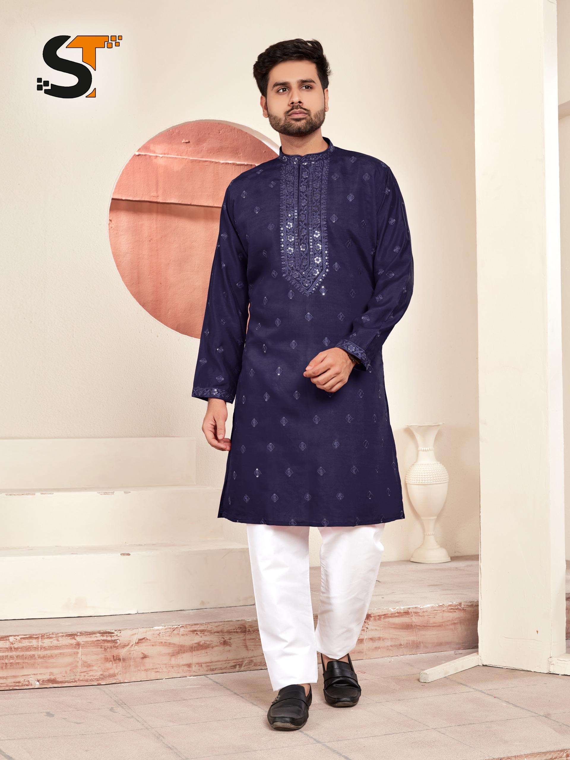 mens wear kurta pyjama traditional  work kurta for all beautiful occasions fabric 14 kg silk with work size m to xxl size chart provided available in 4 hot favorite colours