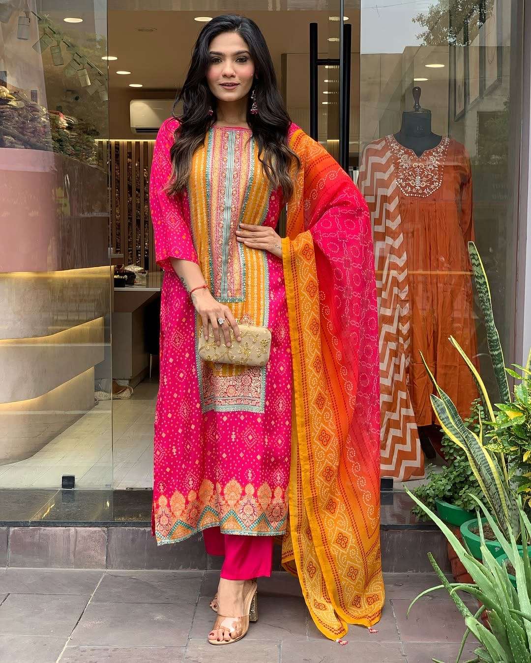 readymade suit festive special featuring fully elegant premium muslin bandhani type suit set which is beautifully decorated with hand embroidery work and original mirror work