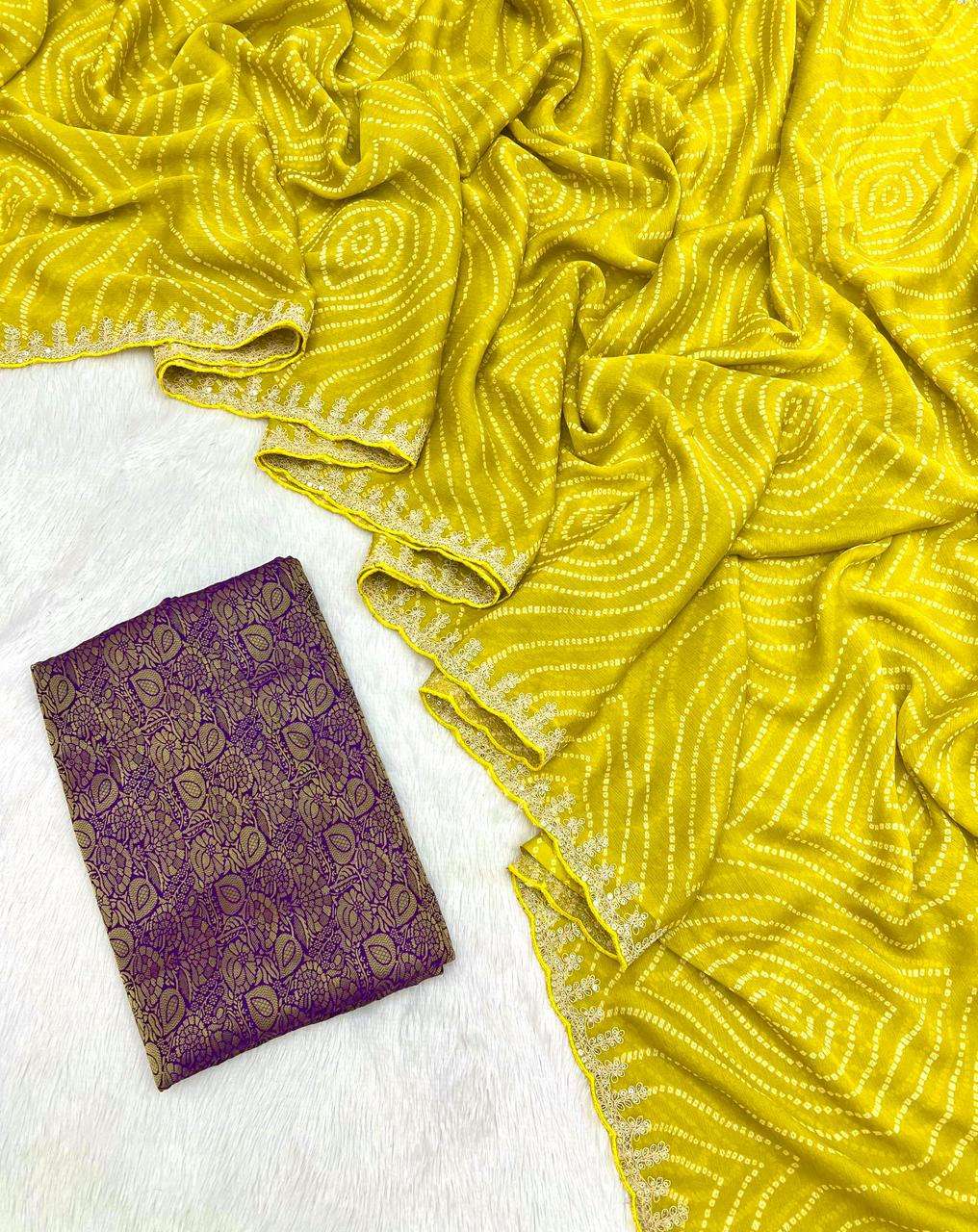 saree catalogue chunari fabric pure chiffon fabric with bandhani n laheriya mill print with utwork embroidery sequence bordar and contrast jaquard weaving blouse saree 2