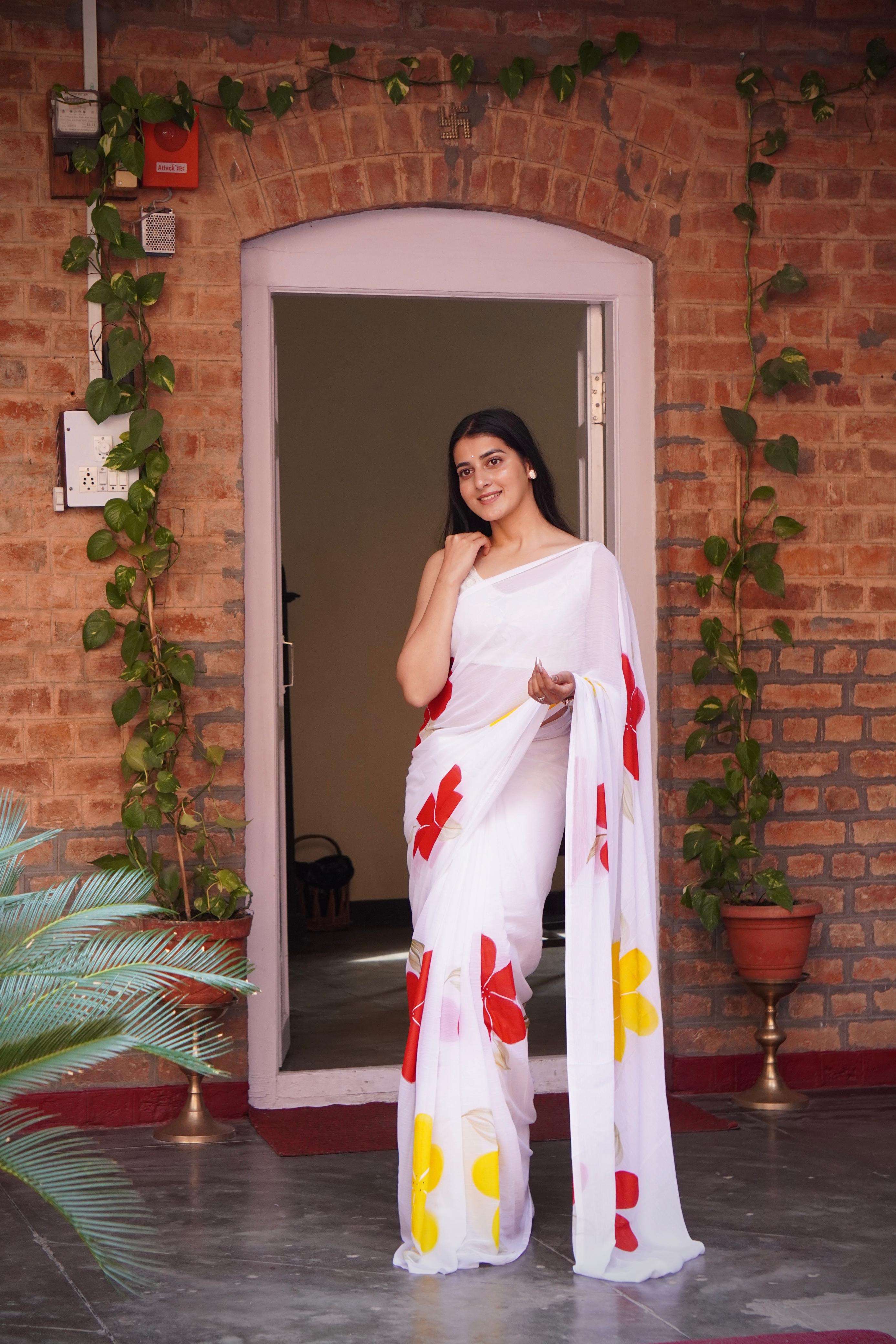 saree catalogue star fabric chiffon fabric with beautiful big floral handbrush print and contrast art silk blouse saree readymade saree special white collection launch