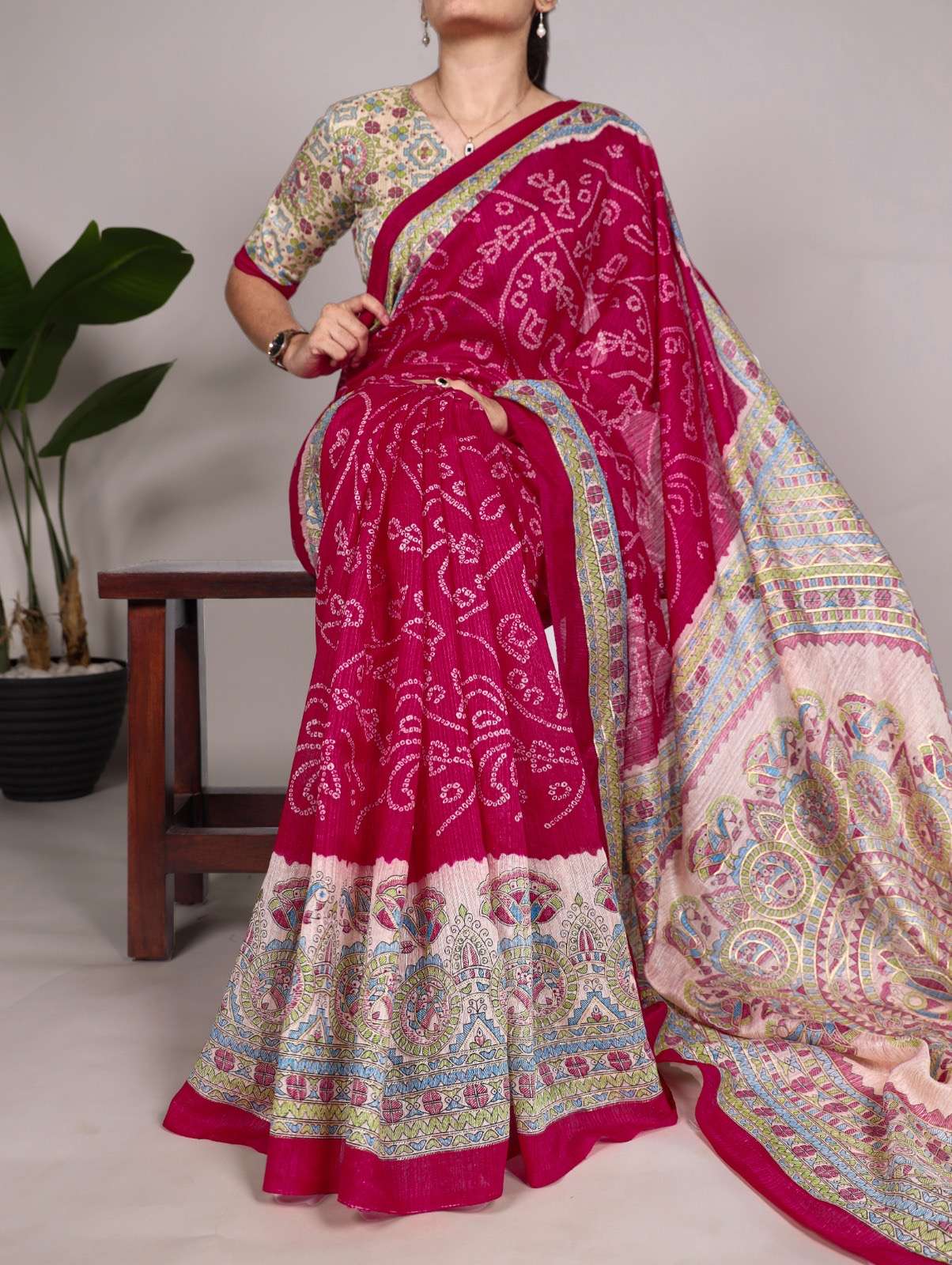 saree collection green silk artistry fusion of madhubani and bandhej ynf7209 saree saree fabric green silk saree work fusion print of madhubani and bandhej