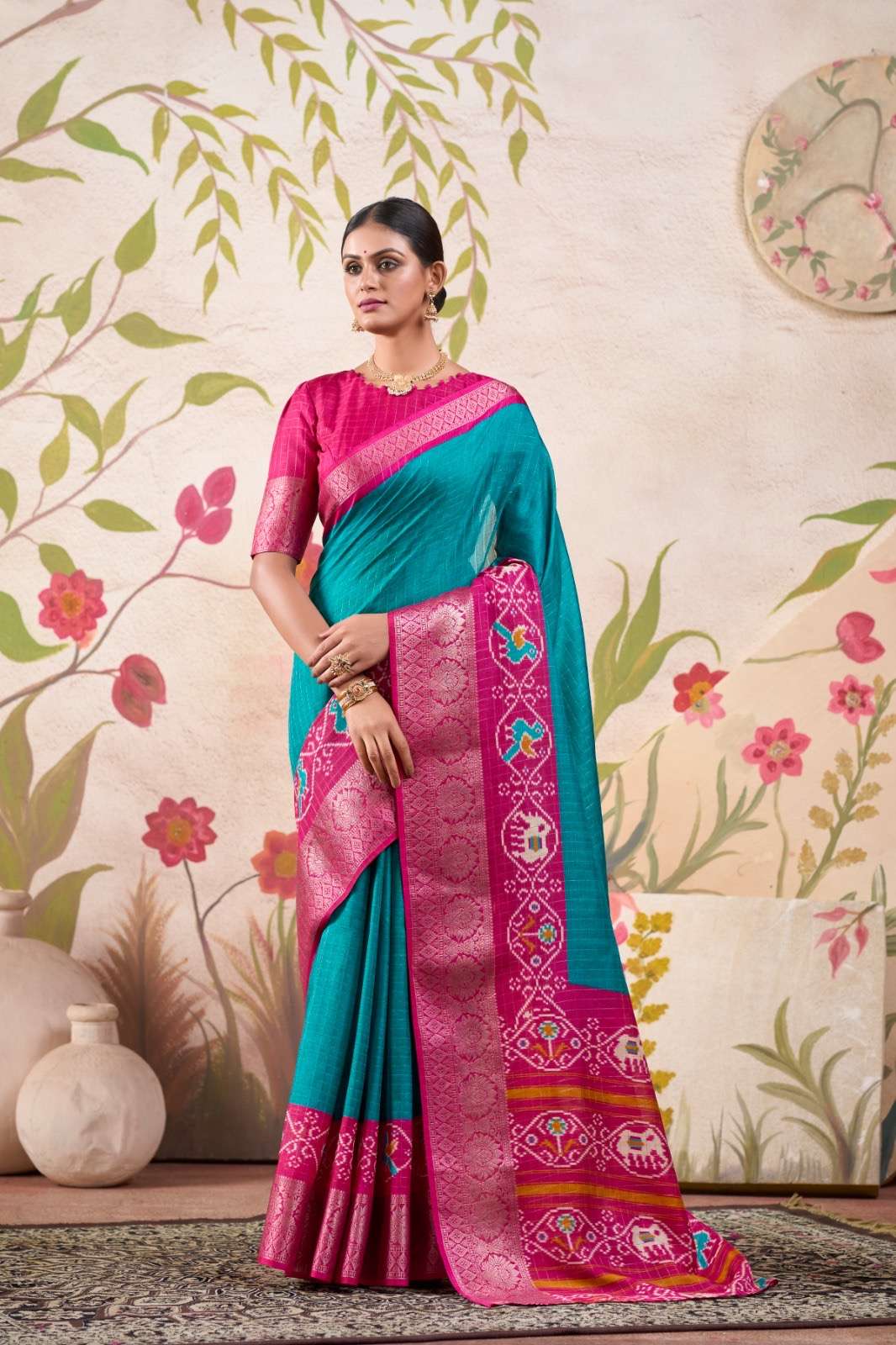 saree collection when chex meets patola, magic unfolds saree story catalogue rajvansh ynf7029 saree saree fabric tussar chex saree work patola print with weaving work border
