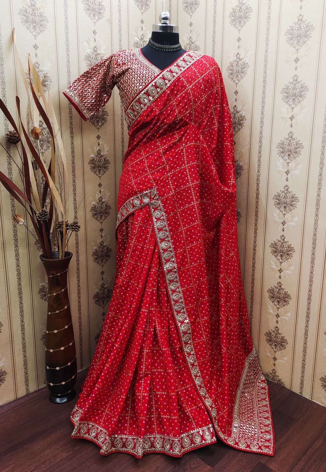 saree heavy designer saree in stiched blouse concepts fabric n work heavy vichitra silk with print nd multi coding plus 5 mm seqance embroidery work on lace with beautiful look saree