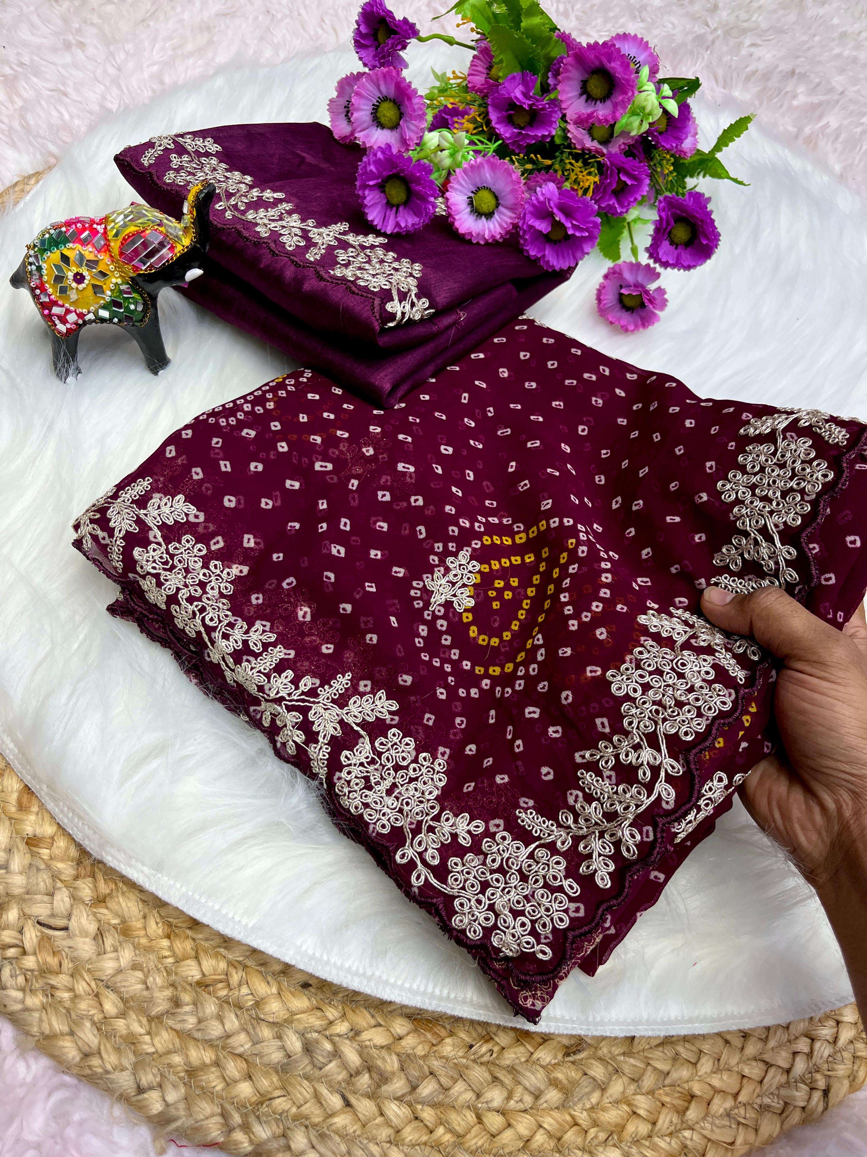 saree pitta work fabric n details soft c by c georgette bandej saree with beautiful pallu pitta work whole saree butti with rich look cut work border blouse heavy mono with work unstitched 5 ultimate colour